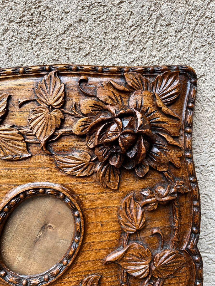 Antique French Rose Triple Oval Picture Frame Carved Oak Black Forest, c1890 11