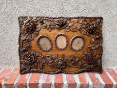 Antique French Rose Triple Oval Picture Frame Carved Oak Black Forest c1890