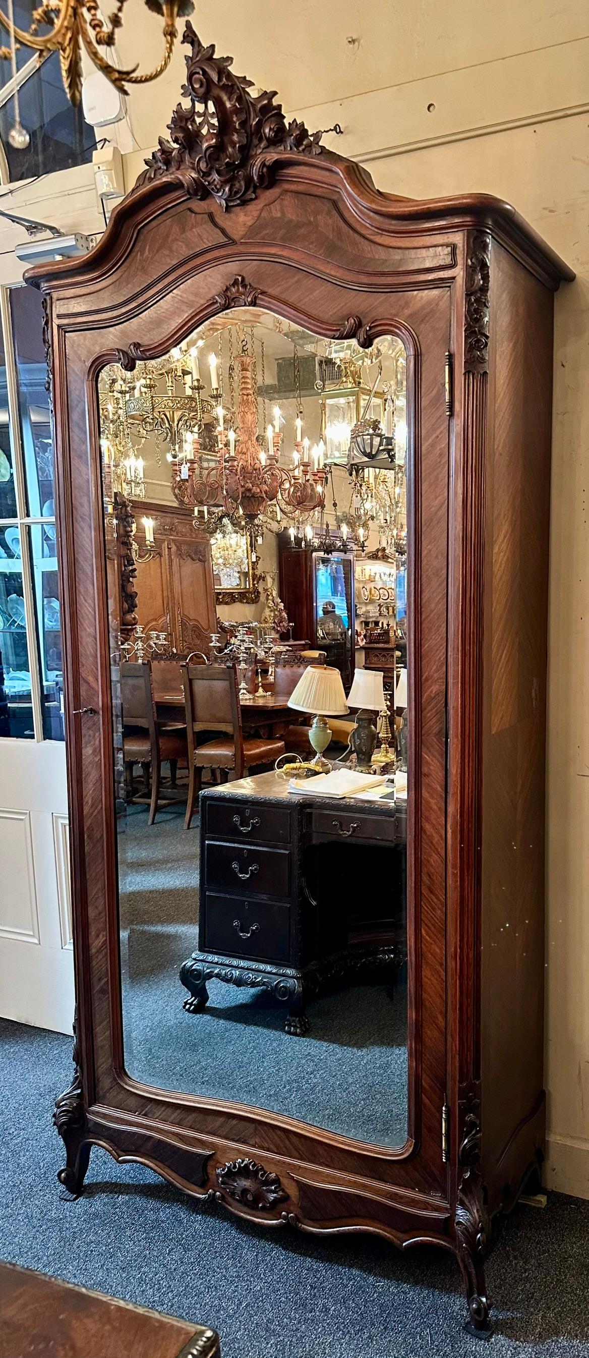 Antique French Rosewood and Beveled Mirror Single Door Armoire, Circa 1890-1900. In Good Condition In New Orleans, LA