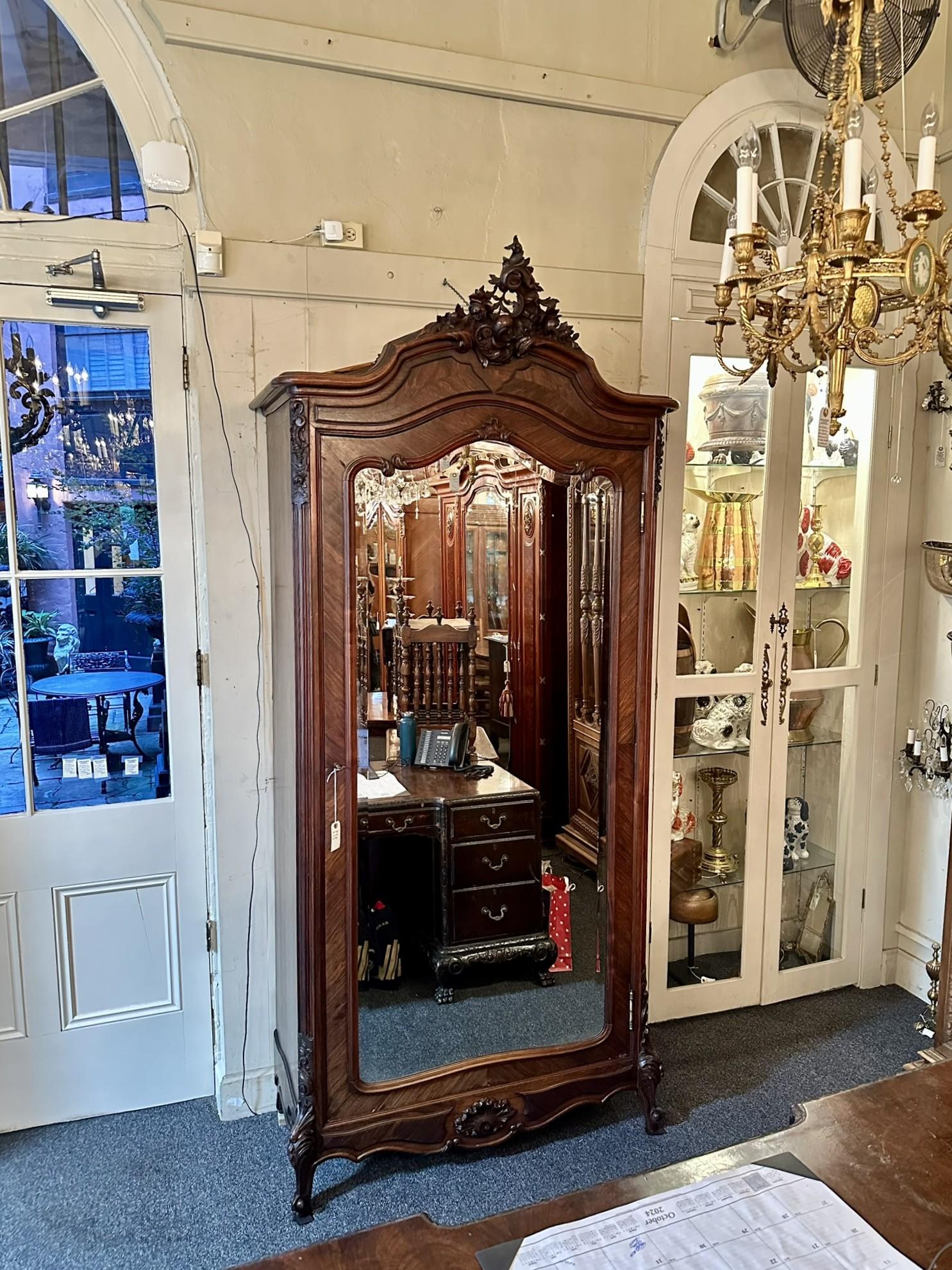 Antique French Rosewood and Beveled Mirror Single Door Armoire, Circa 1890-1900. 5