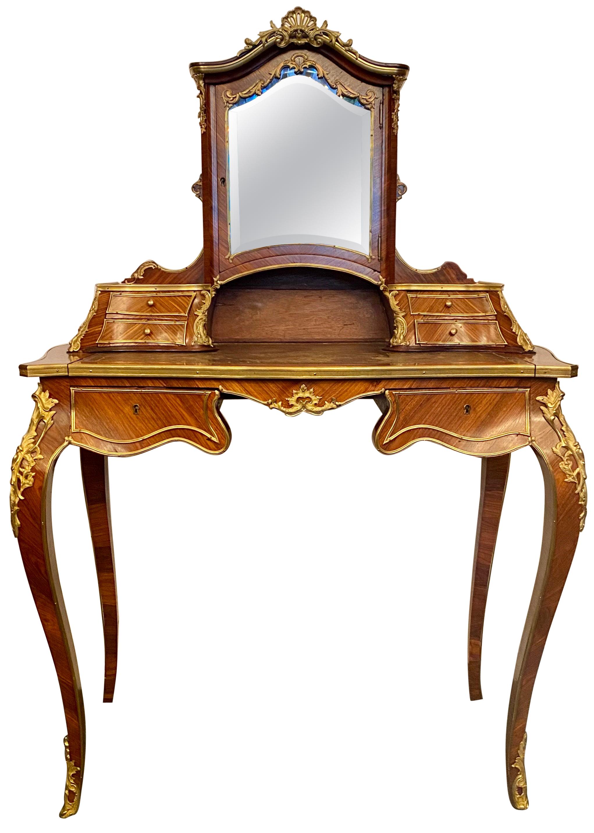 Antique French Rosewood and Gold Bronze Writing Desk or Vanity, circa 1880-1890