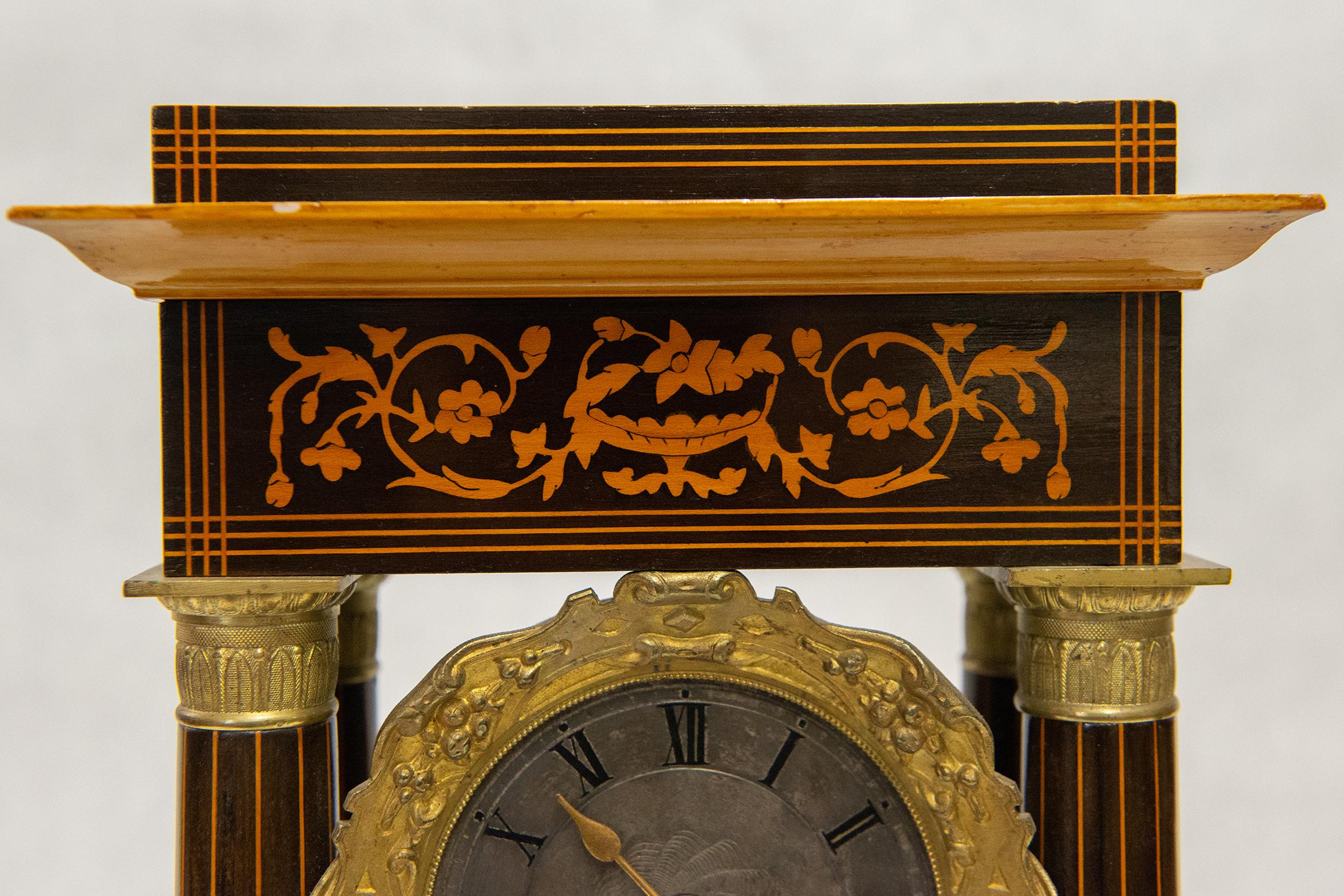  French Rosewood and Satinwood Portico Clock For Sale 2