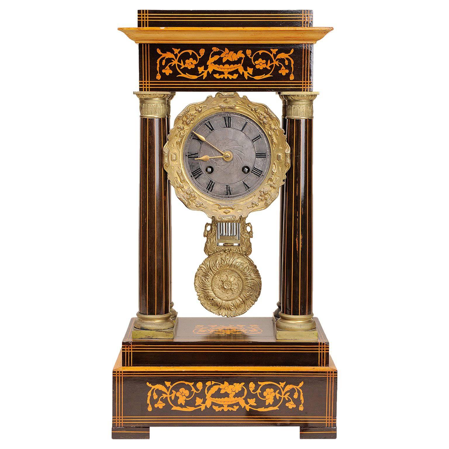  French Rosewood and Satinwood Portico Clock