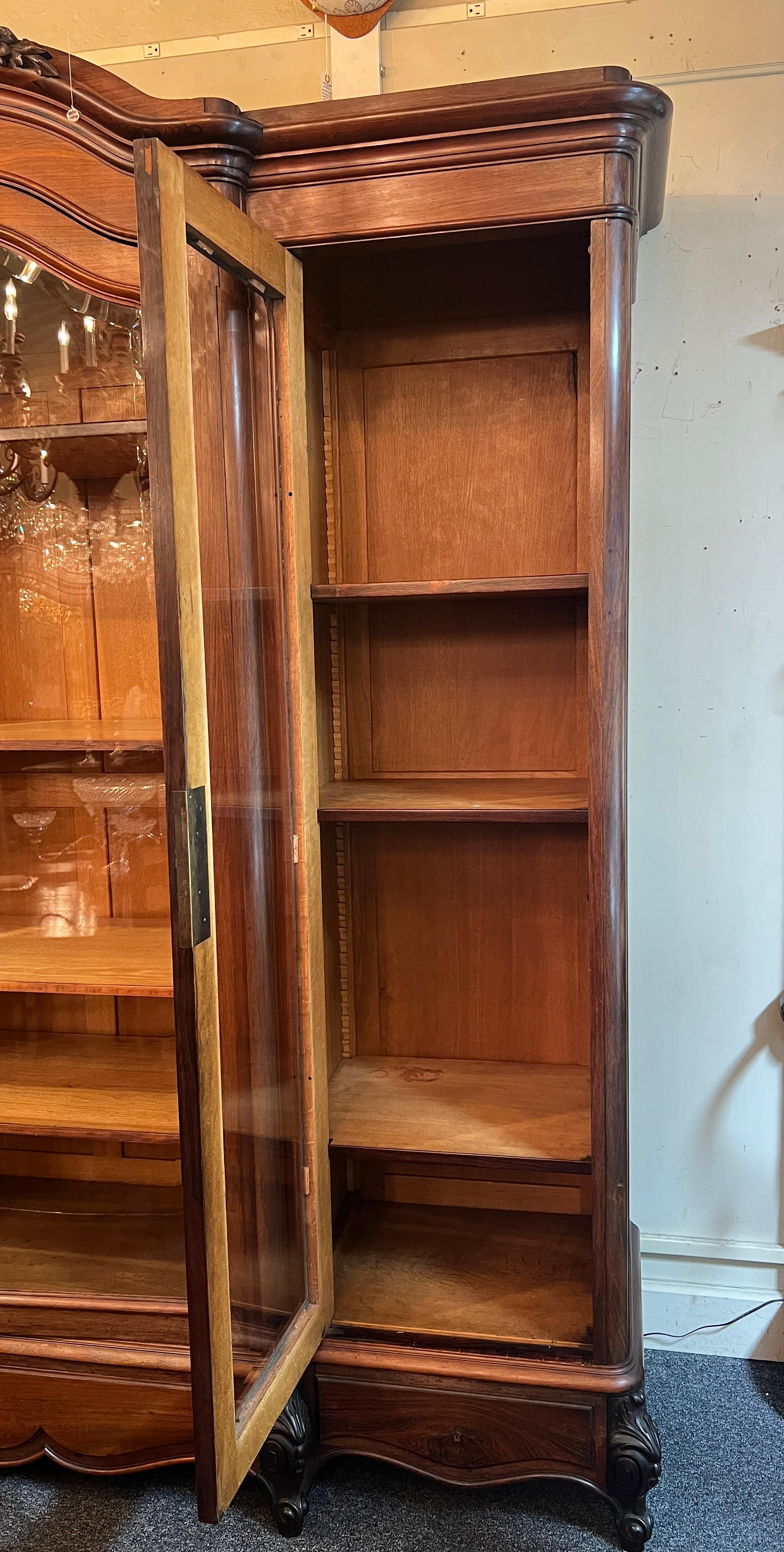 19th Century Antique French Rosewood Breakfront Display Cabinet with Beveled Glass Circa 1880 For Sale
