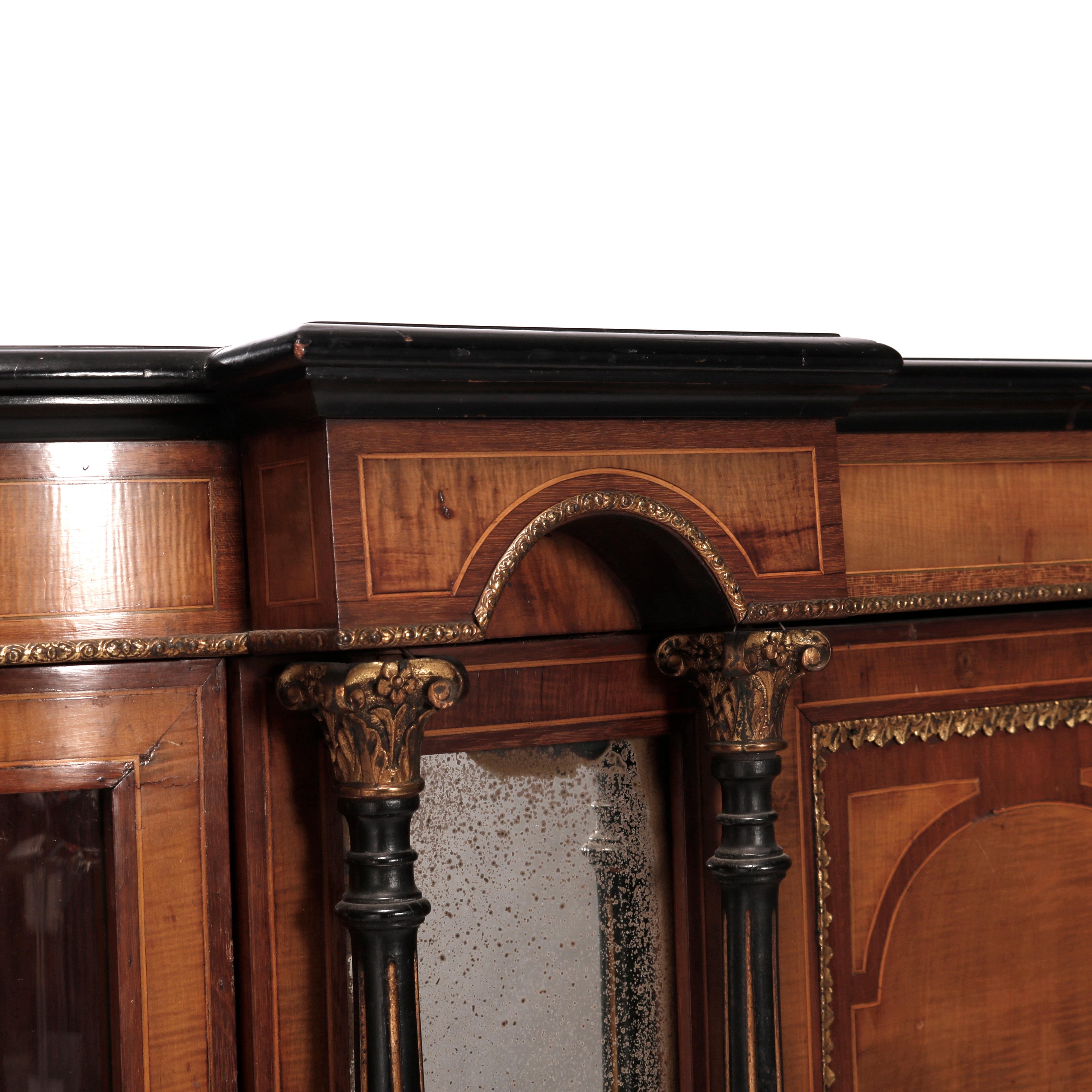 Hand-Painted Antique French Rosewood, Burl, Ormolu, & Hand Painted Porcelain Credenza, 19th C
