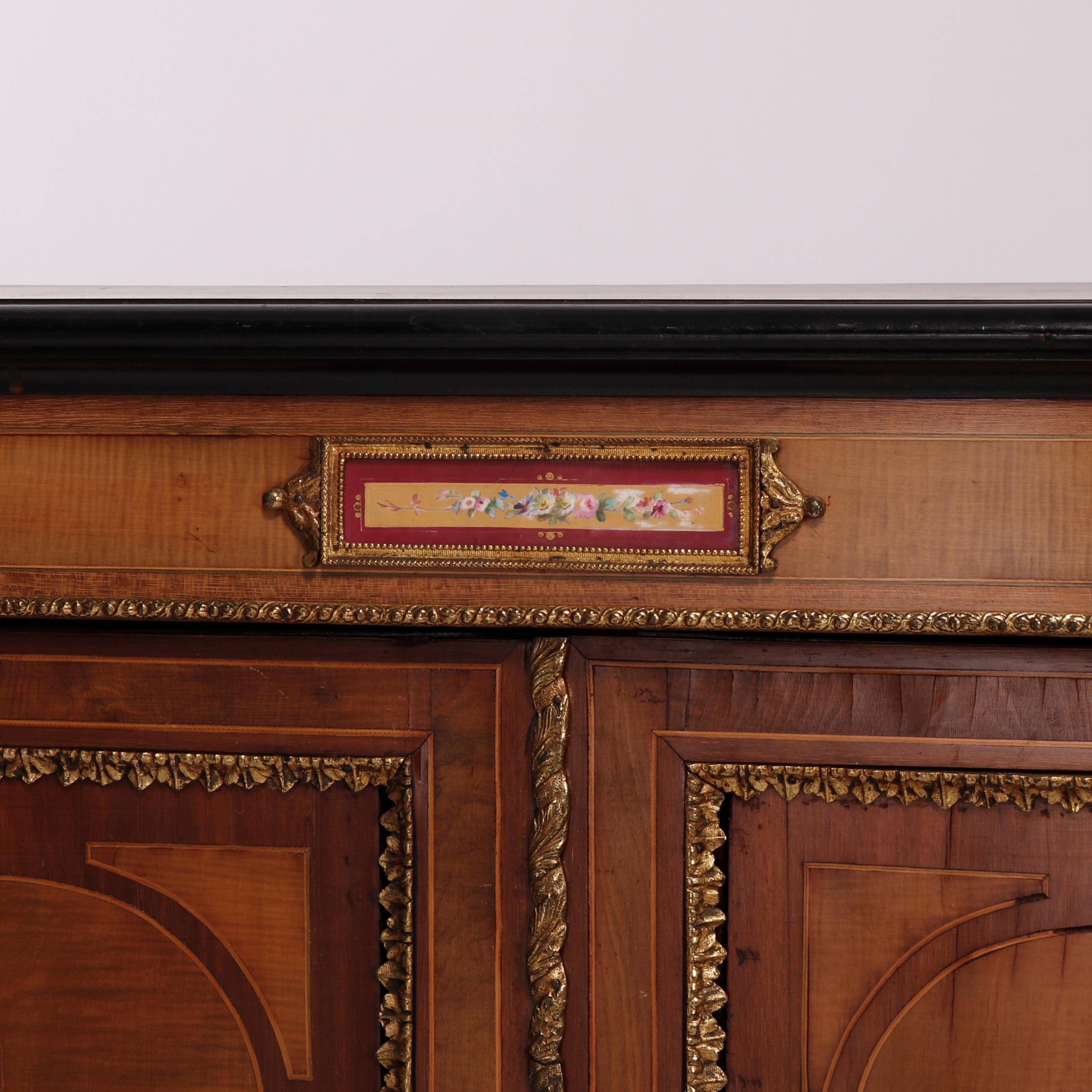 Antique French Rosewood, Burl, Ormolu, & Hand Painted Porcelain Credenza, 19th C In Good Condition In Big Flats, NY