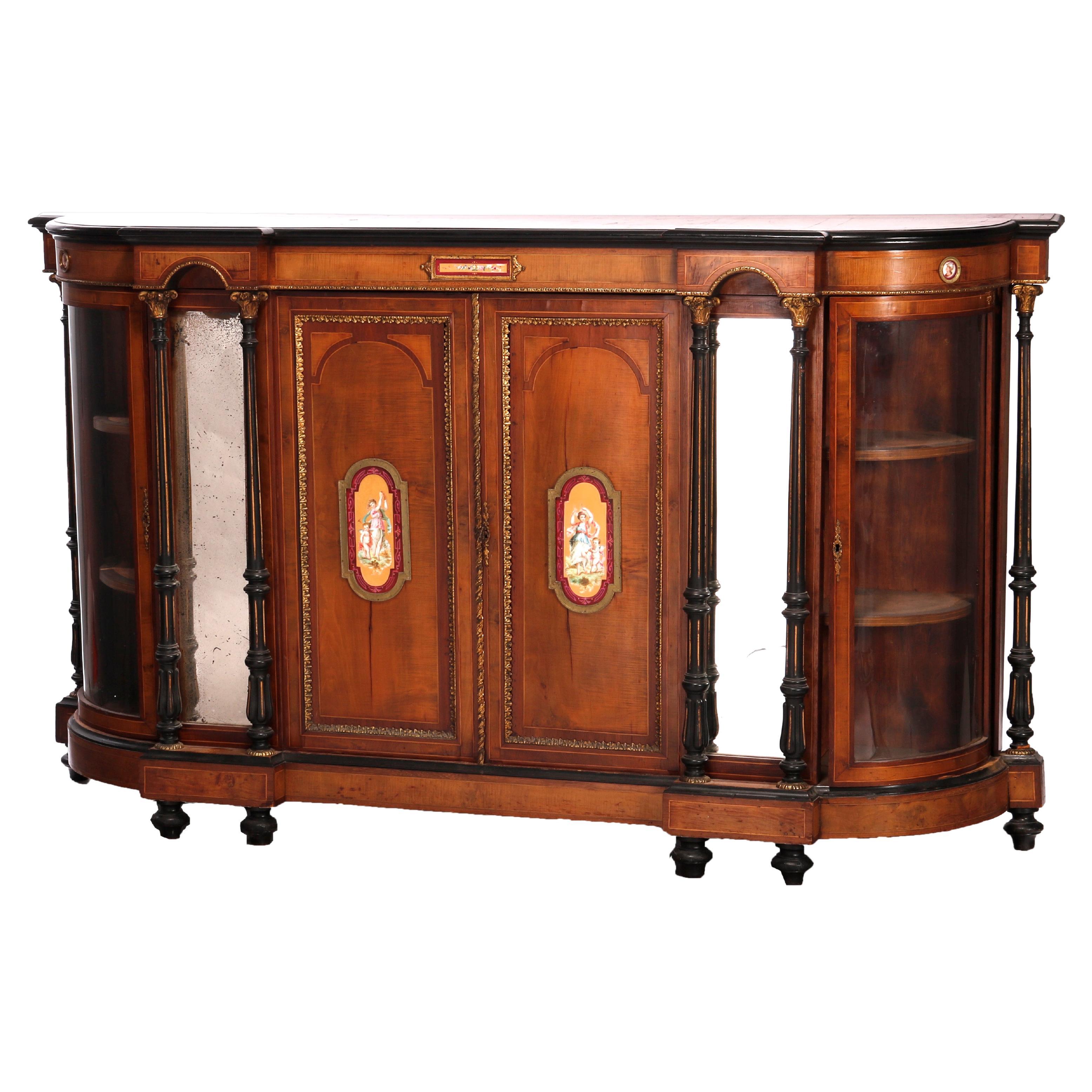 Antique French Rosewood, Burl, Ormolu, 
Hand Painted Porcelain Credenza, 19th C