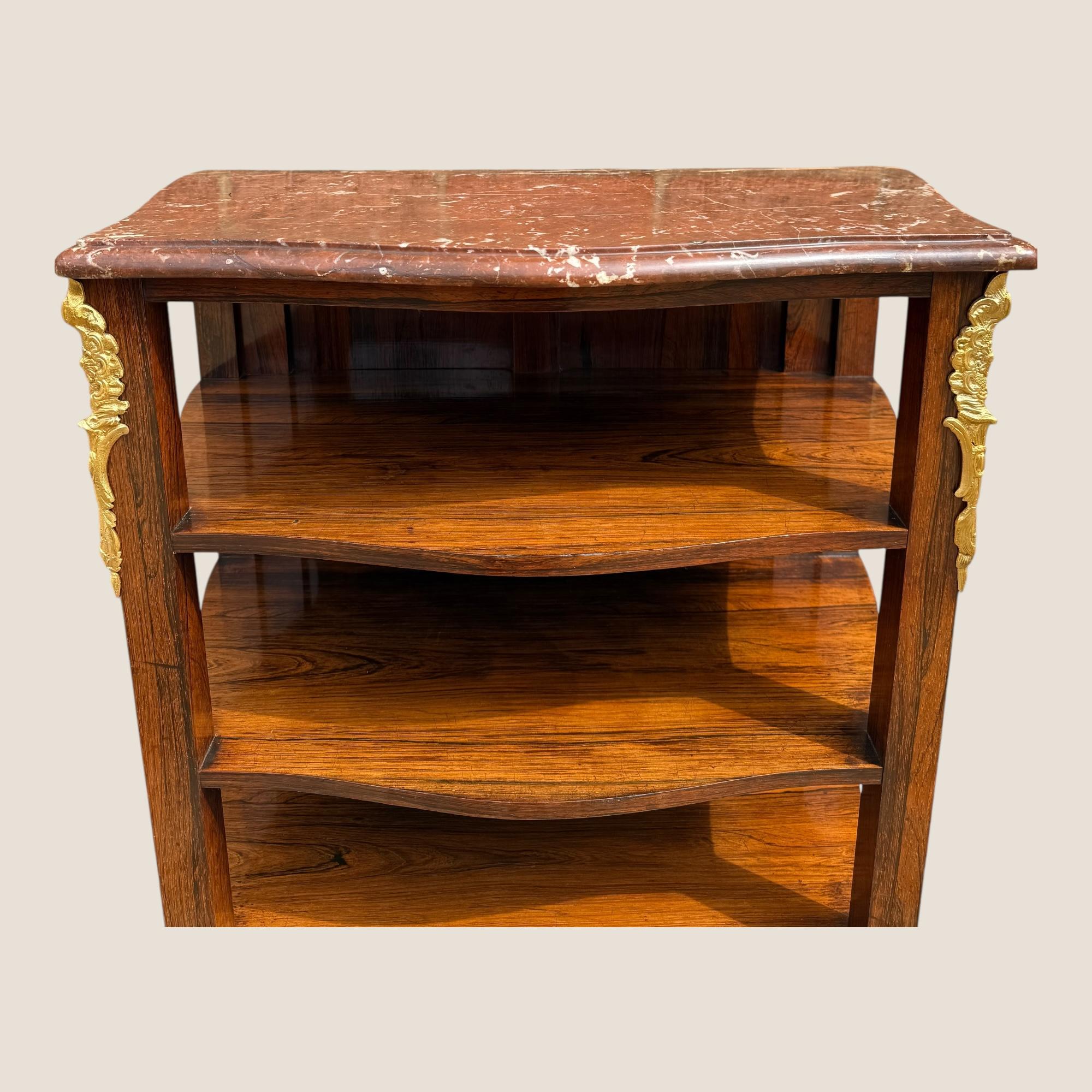 Francese Antique French Rosewood & Marble Brass Ormolu Side Cabinet with Book Shelves (Mobile laterale in ottone e marmo con ripiani per libri) in vendita