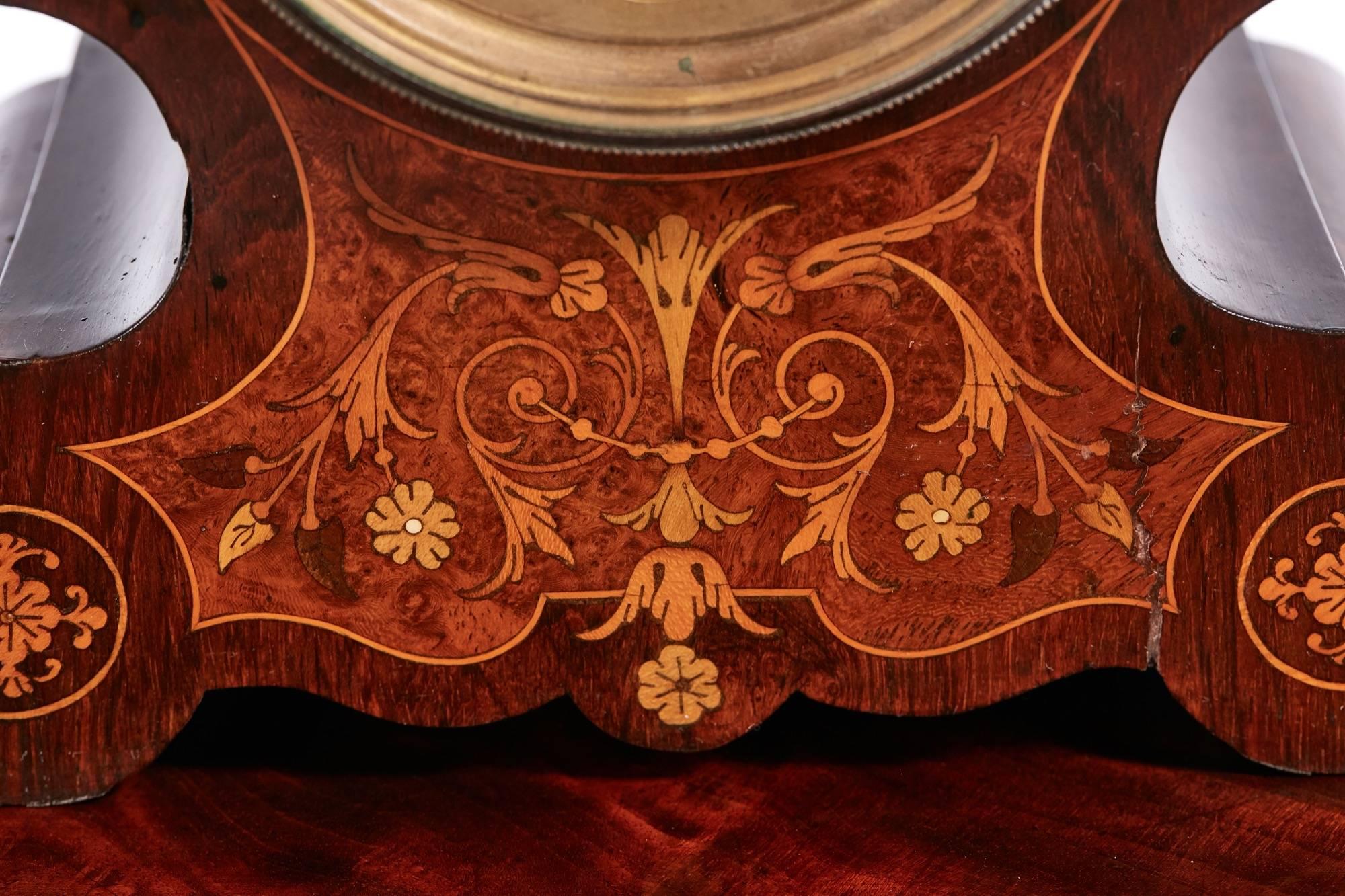 Victorian Antique French Rosewood Marquetry Inlaid 8 Day Mantel Clock For Sale