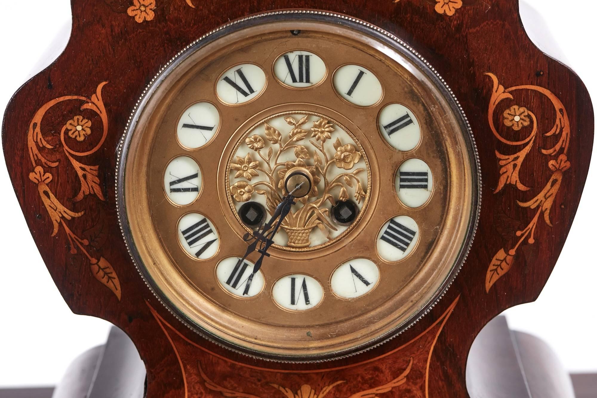 European Antique French Rosewood Marquetry Inlaid 8 Day Mantel Clock For Sale
