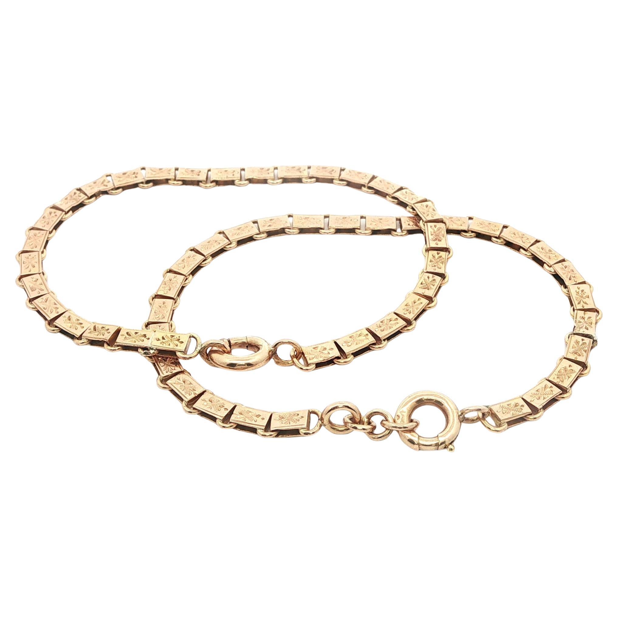 Antique French Rosy Yellow Gold Hand Engraved Panel Link Pair of 2 Bracelets For Sale