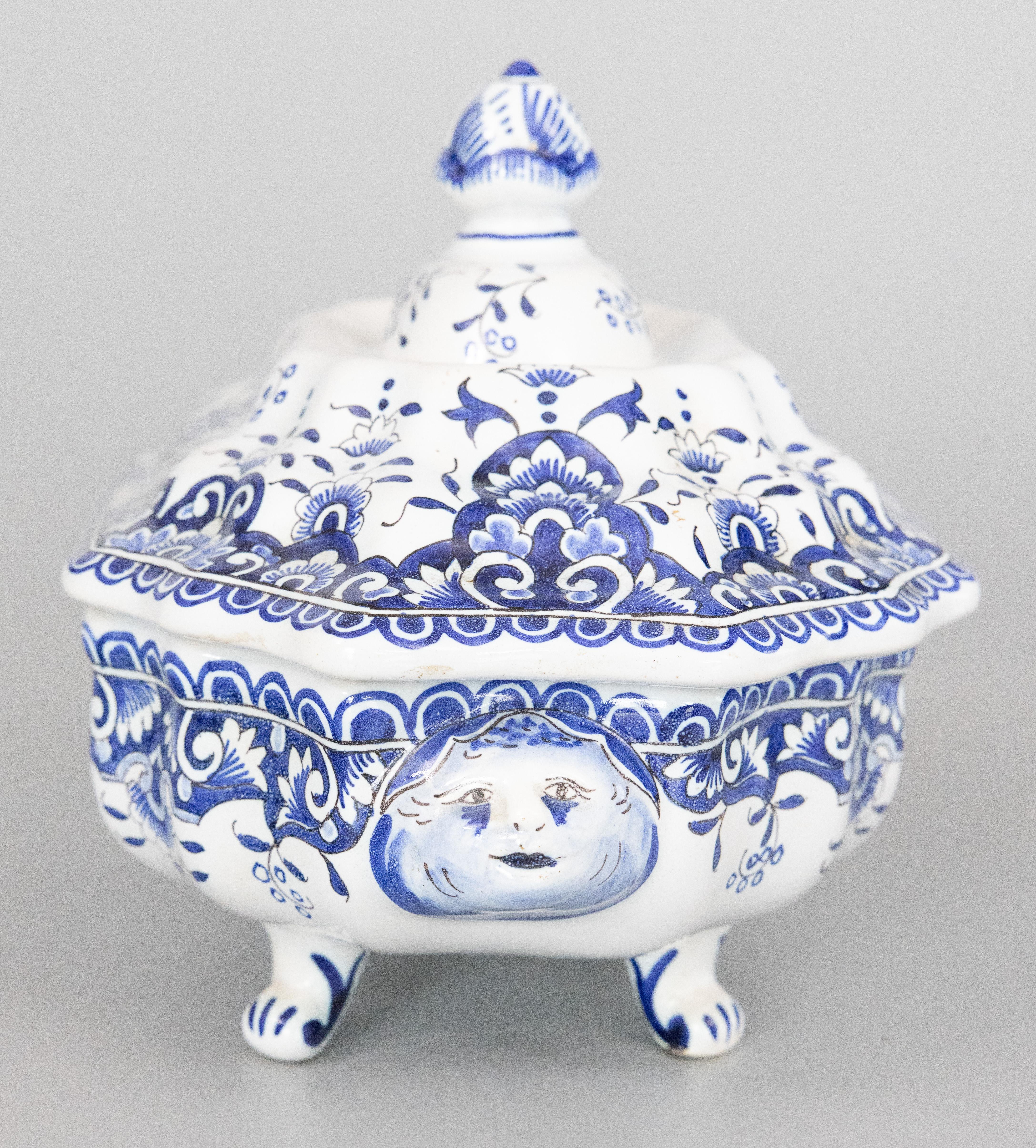 Glazed Antique French Rouen Faience Blue & White Tureen, circa 1900 For Sale