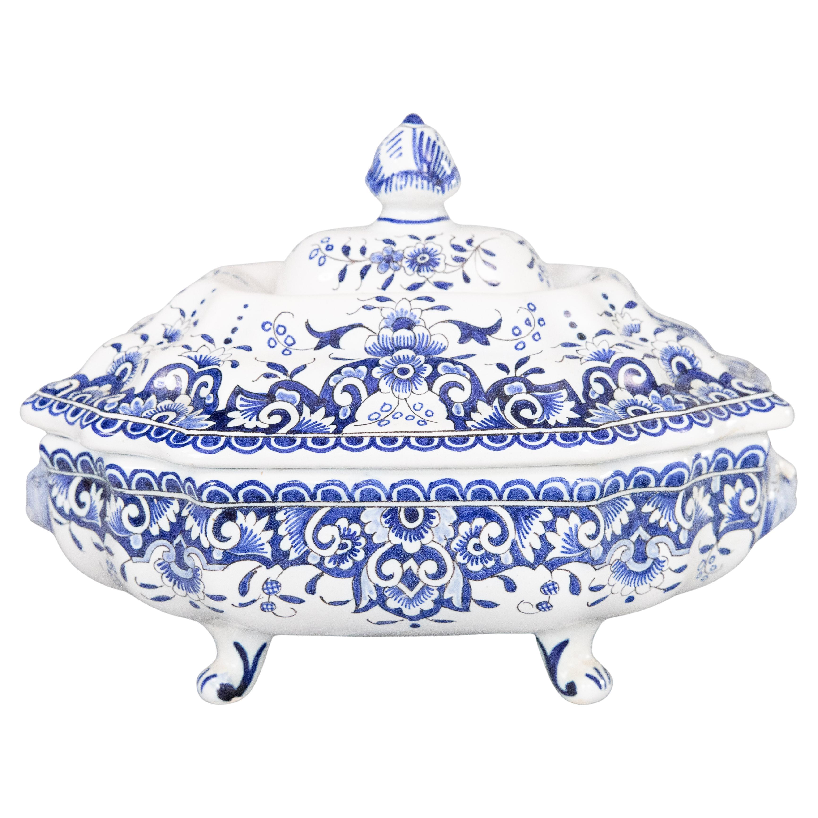 Antique French Rouen Faience Blue & White Tureen, circa 1900 For Sale