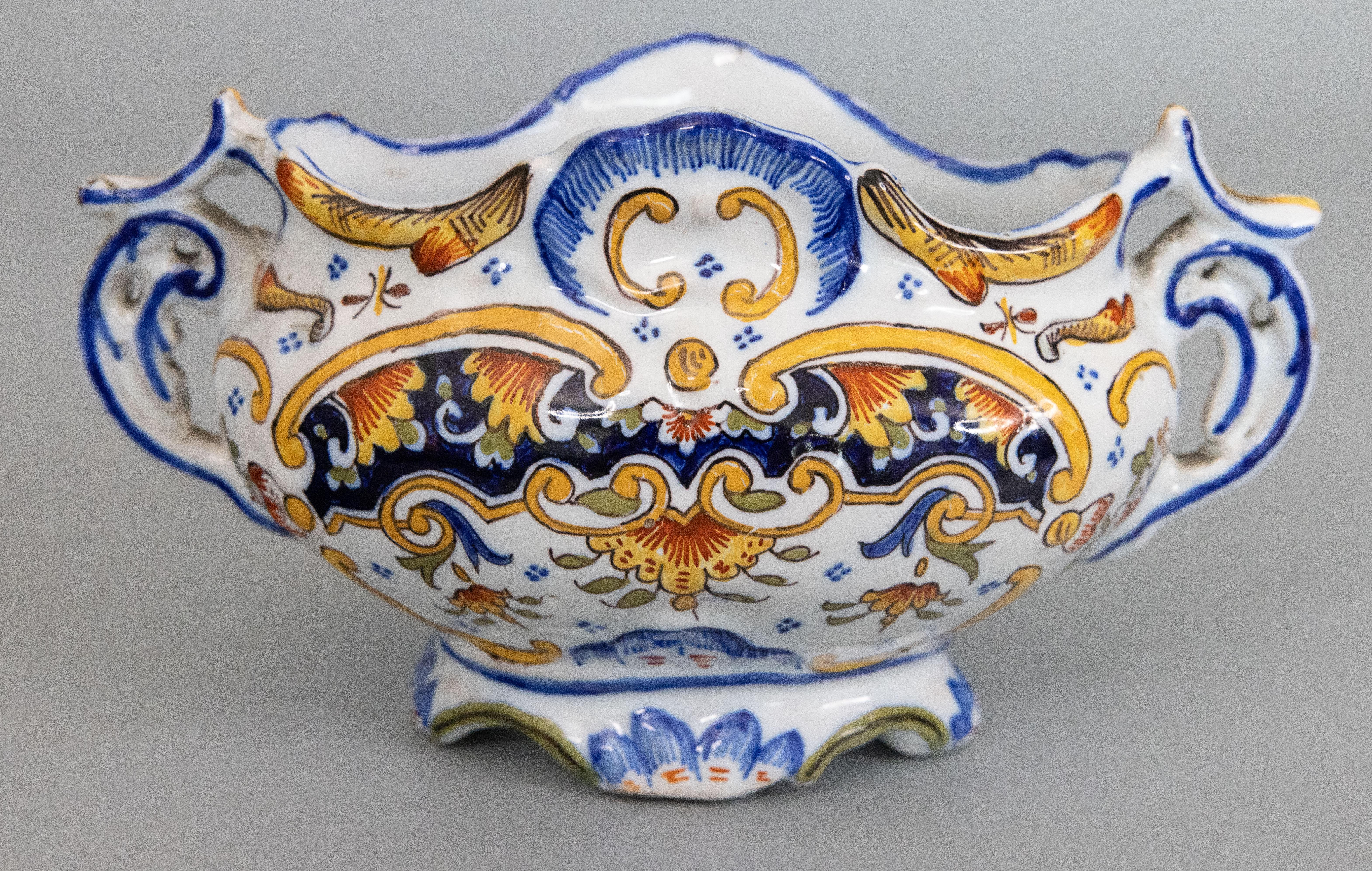 Hand-Painted Antique French Rouen Faience Jardiniere Cachepot, circa 1900 For Sale