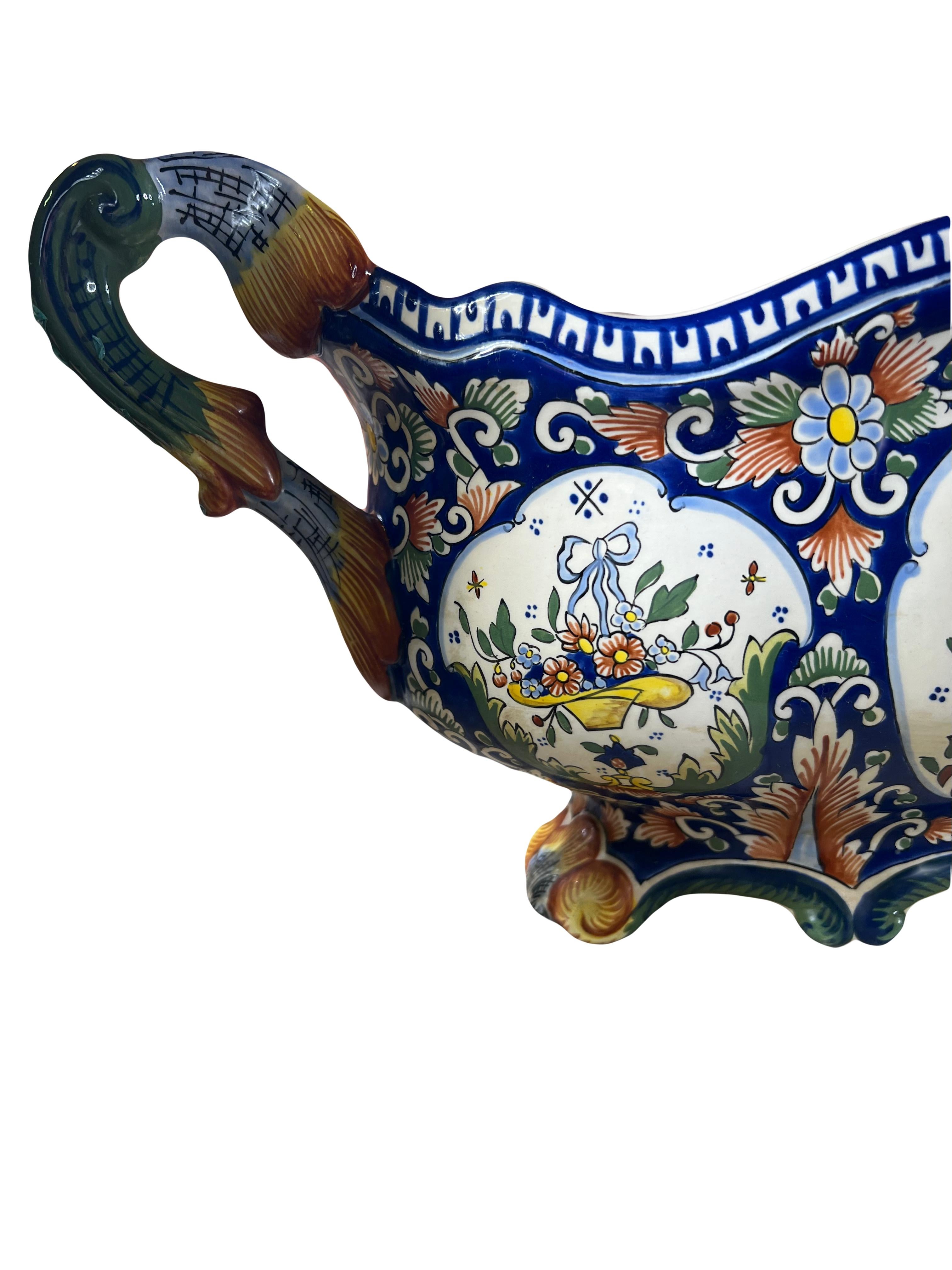 Antique French Rouen Faience Jardiniere Cachepot – Hand-Painted Masterpiece For Sale 6