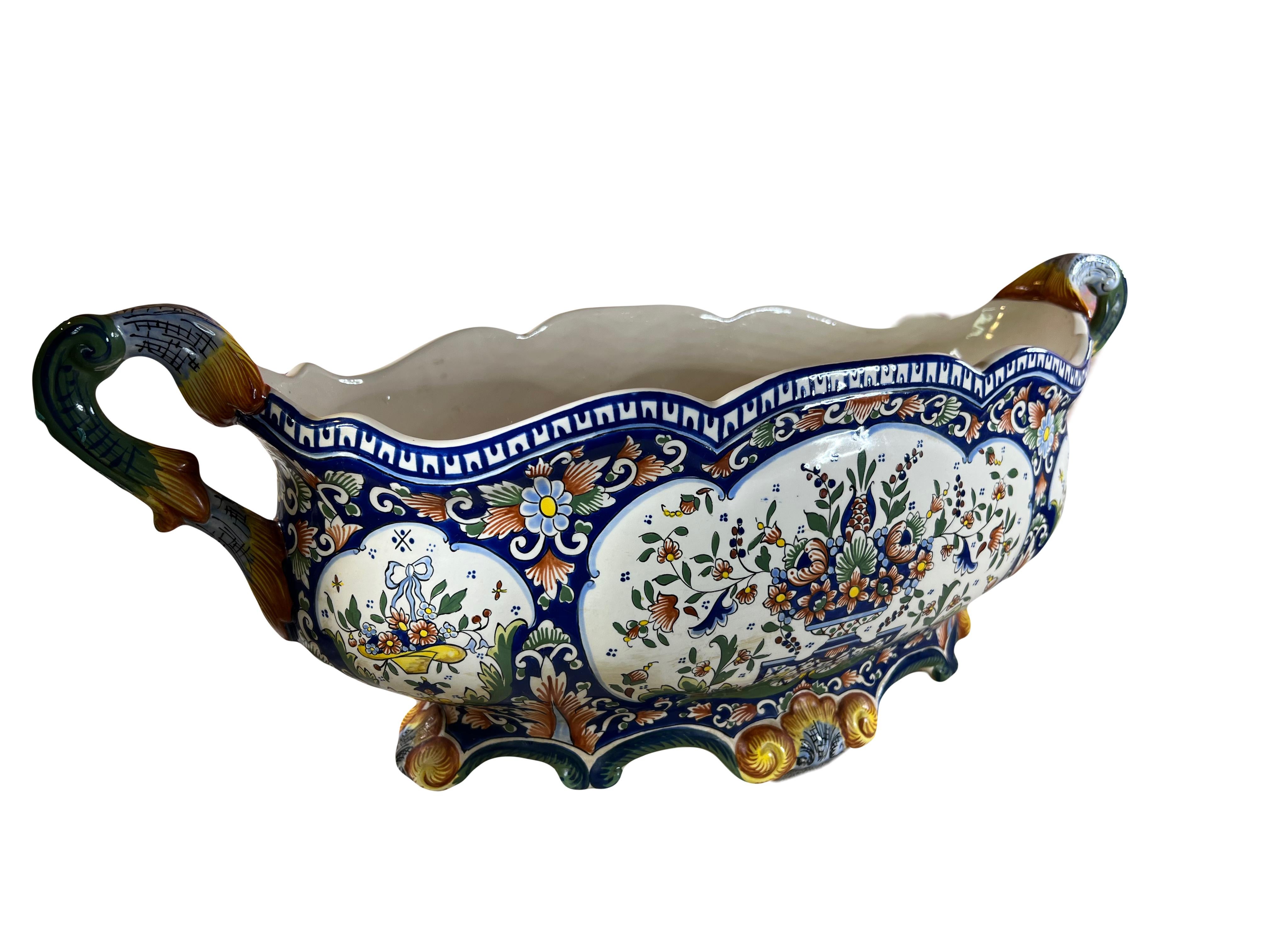 Antique French Rouen Faience Jardiniere Cachepot – Hand-Painted Masterpiece For Sale 7