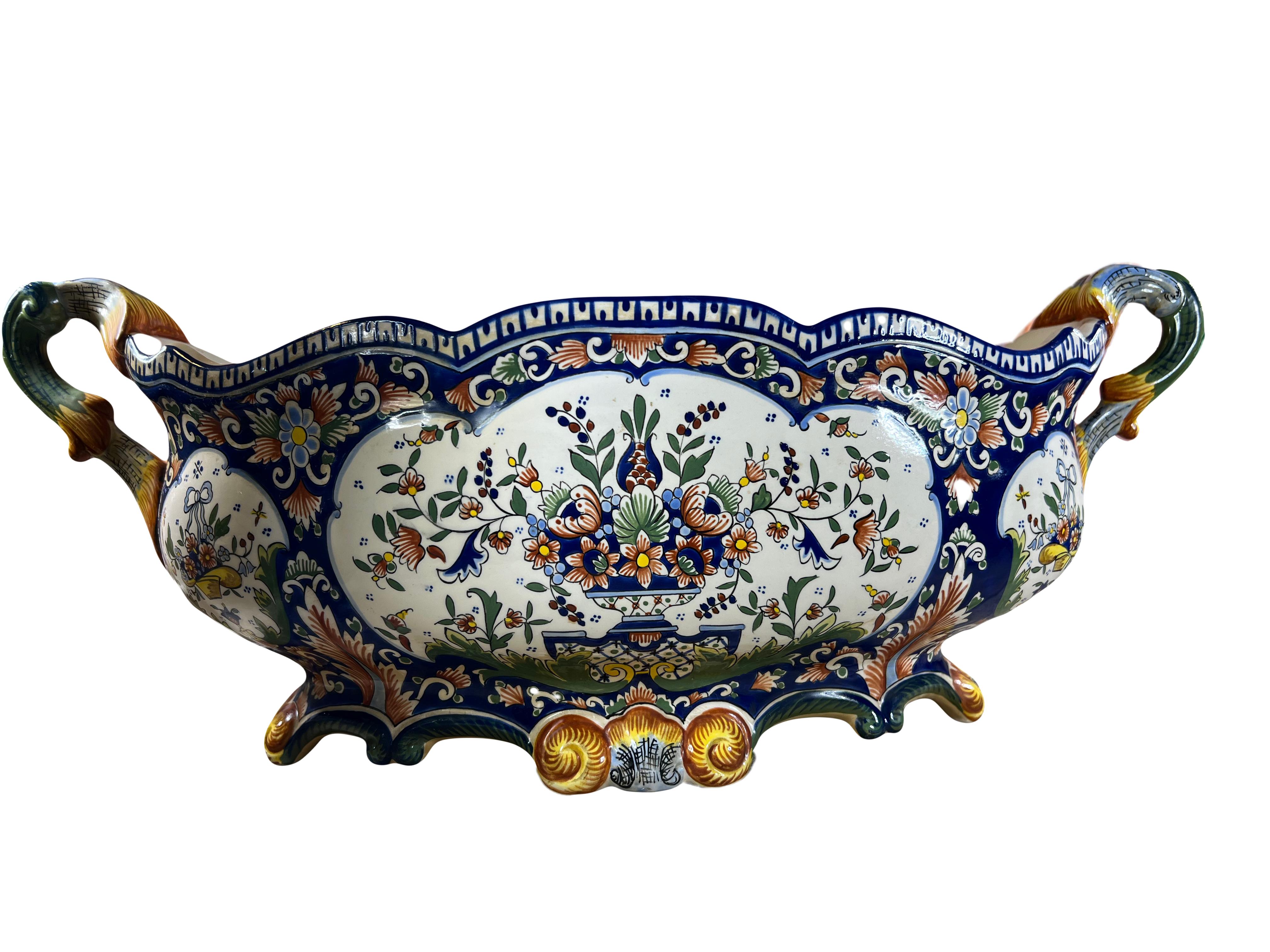 Antique French Rouen Faience Jardiniere Cachepot – Hand-Painted Masterpiece In Excellent Condition For Sale In LA FERTÉ-SOUS-JOUARRE, FR