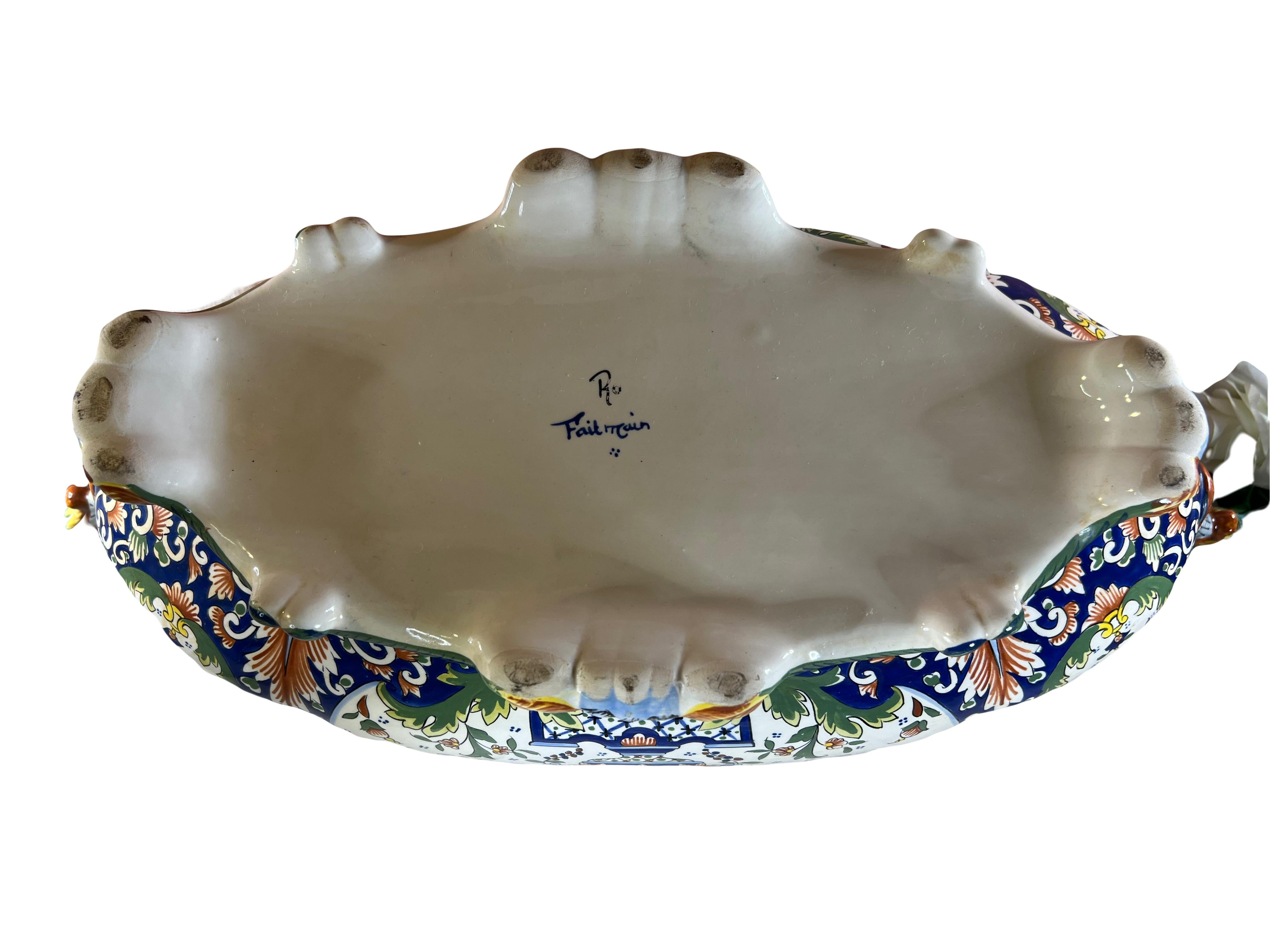 Antique French Rouen Faience Jardiniere Cachepot – Hand-Painted Masterpiece For Sale 1