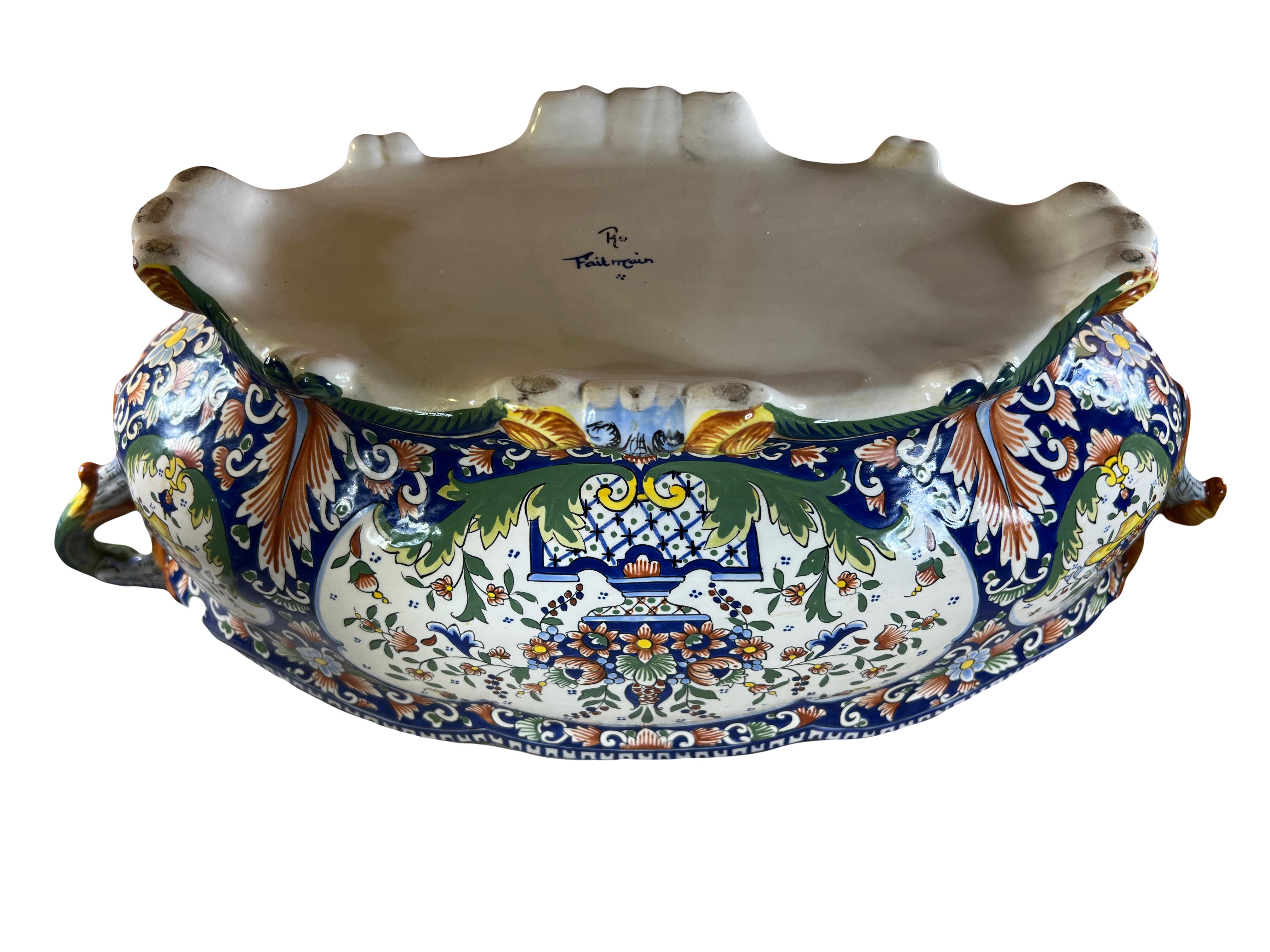 Antique French Rouen Faience Jardiniere Cachepot – Hand-Painted Masterpiece For Sale 2