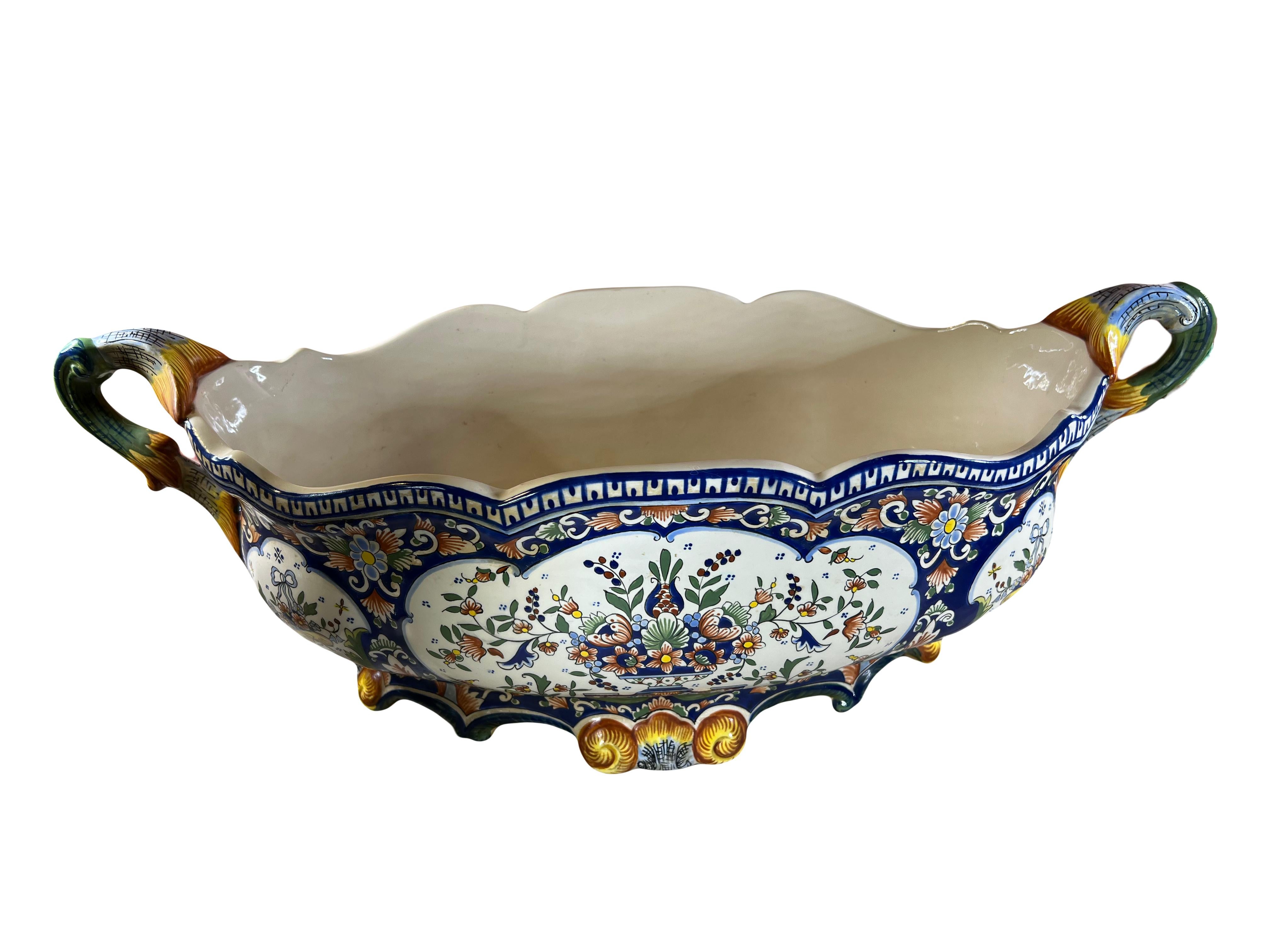 Antique French Rouen Faience Jardiniere Cachepot – Hand-Painted Masterpiece For Sale 3