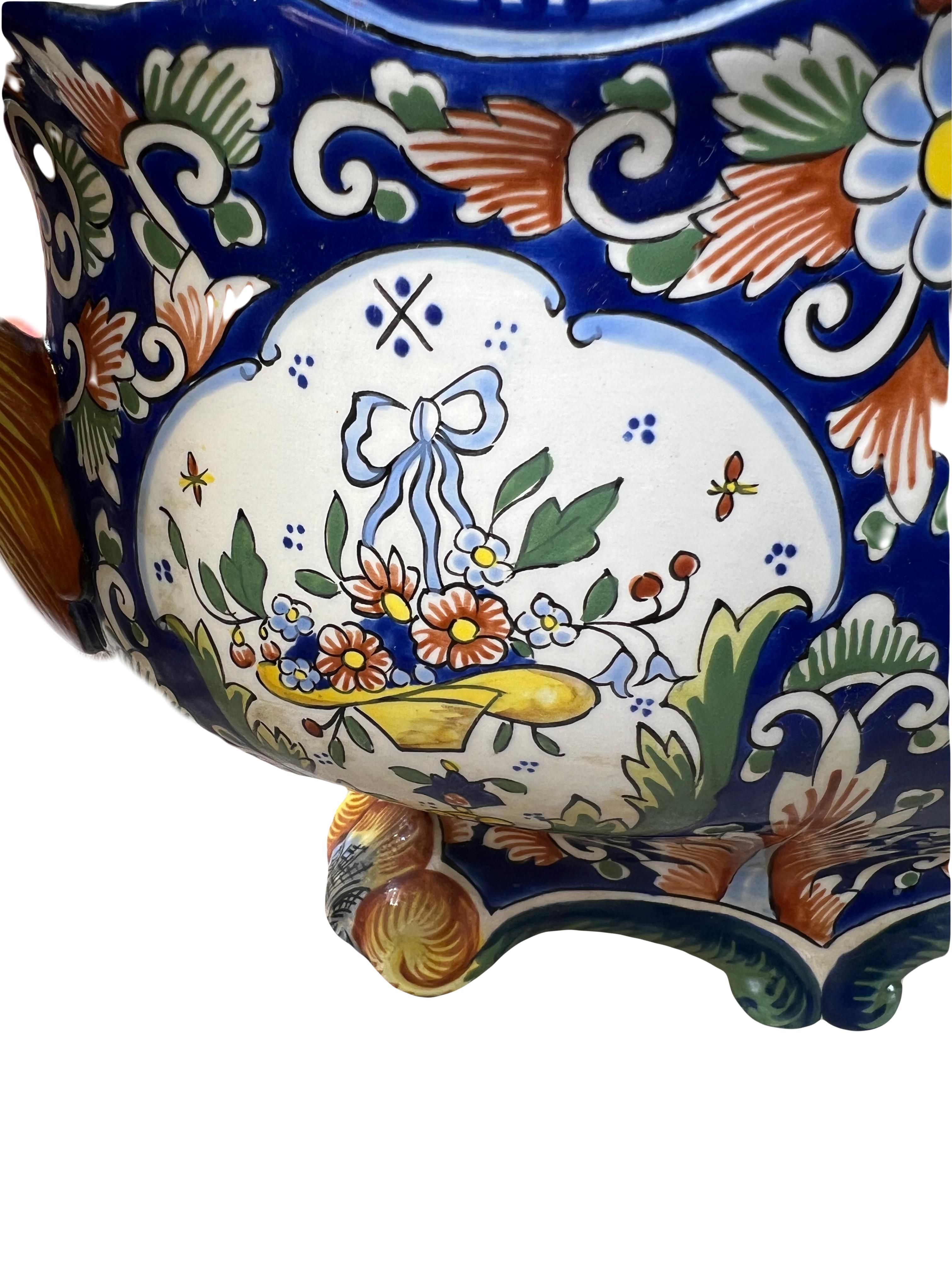 Antique French Rouen Faience Jardiniere Cachepot – Hand-Painted Masterpiece For Sale 5