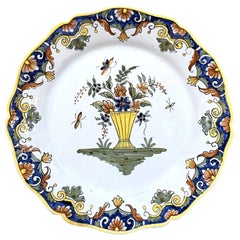 Antique French Rouen Style Hand-Painted Faience Floral Platter