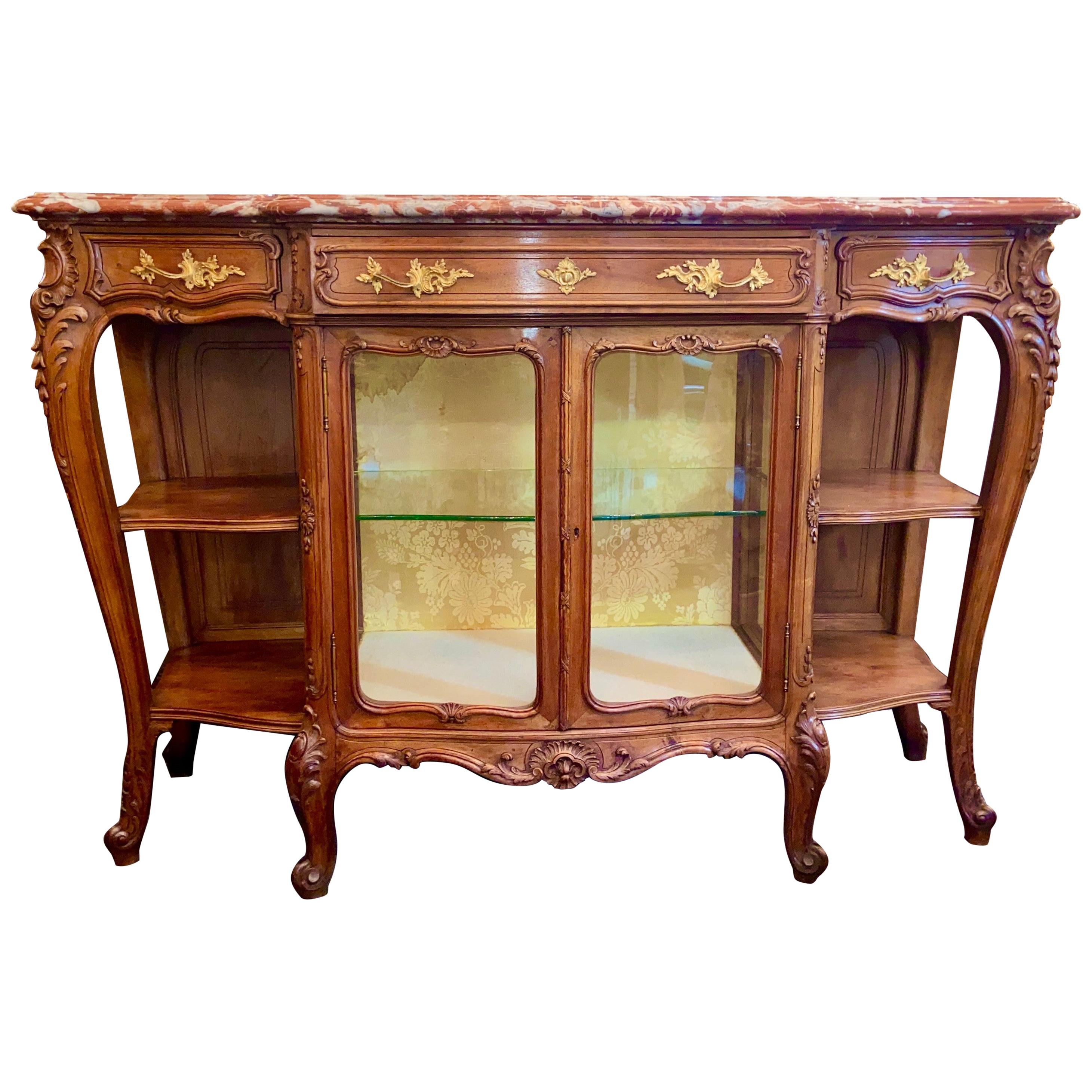 Antique French Rouge Marble-Top Walnut Buffet with Glass Doors, Circa 1890-1910
