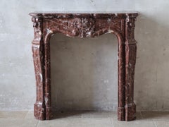 Antique French Rouge Royal Marble Fireplace, Trois Coquilles, Narrow Design