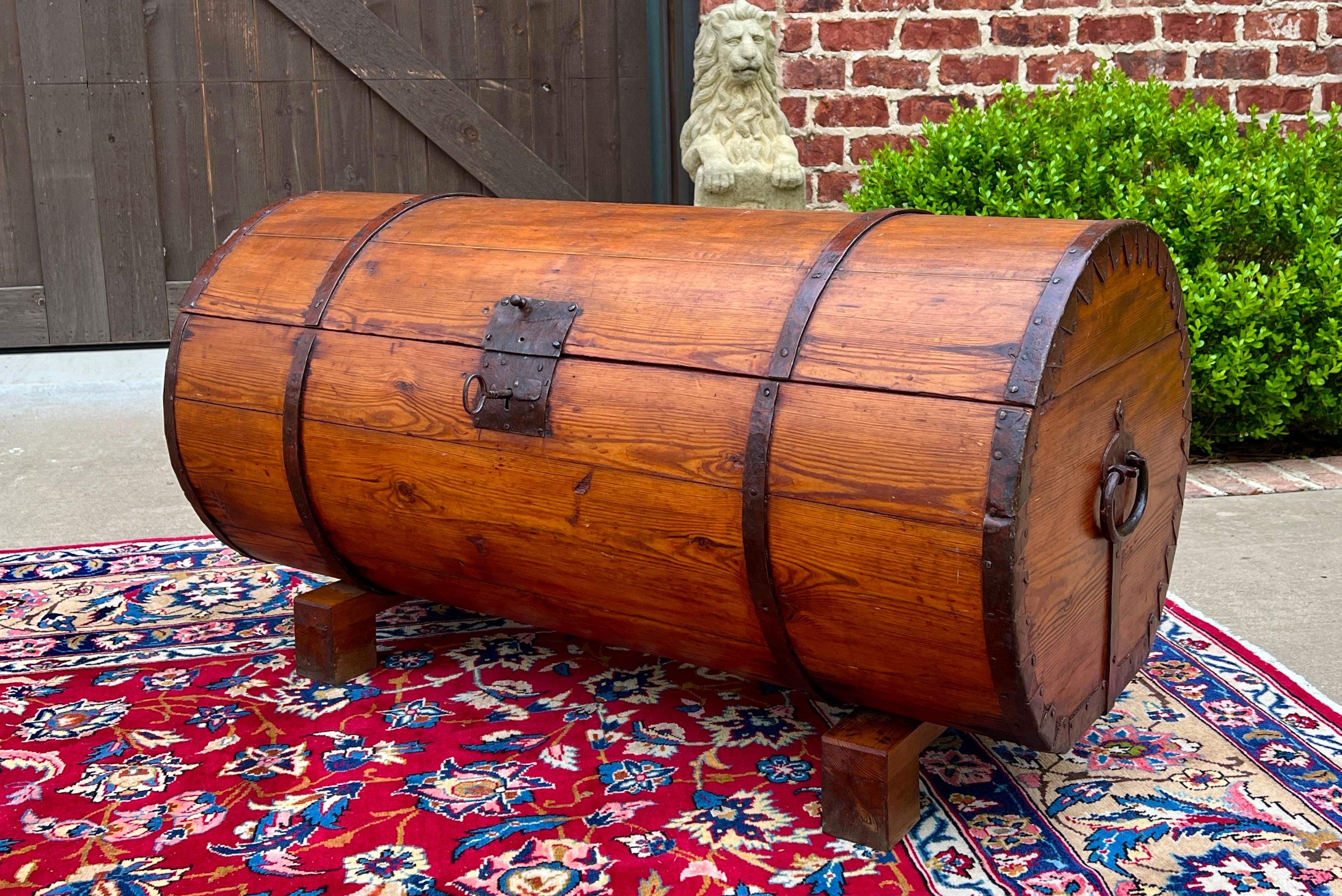 Antique French Round Barrel Trunk Storage Chest Blanket Box Pine Iron Strapping 4