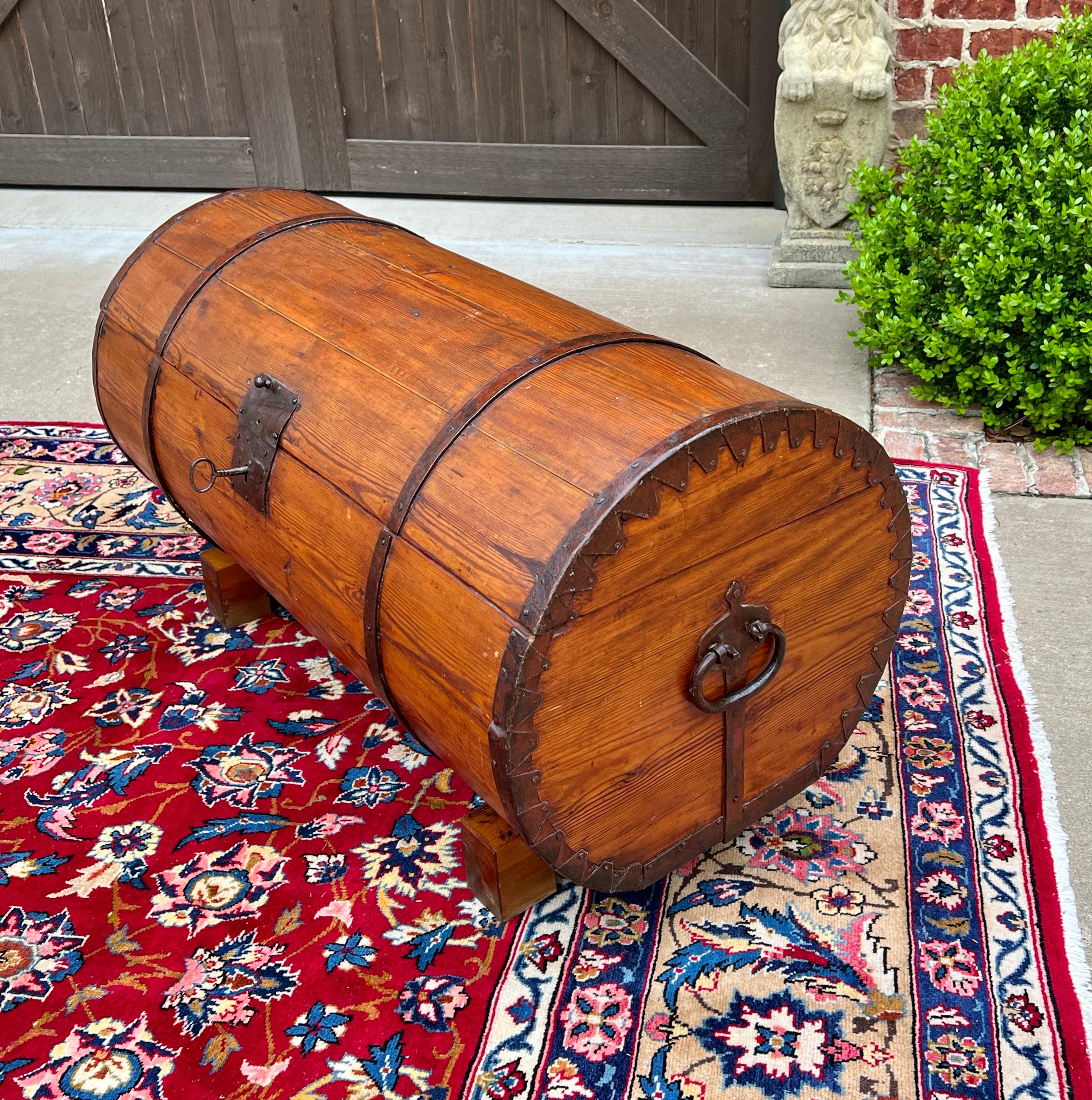 Antique French Round Barrel Trunk Storage Chest Blanket Box Pine Iron Strapping 5