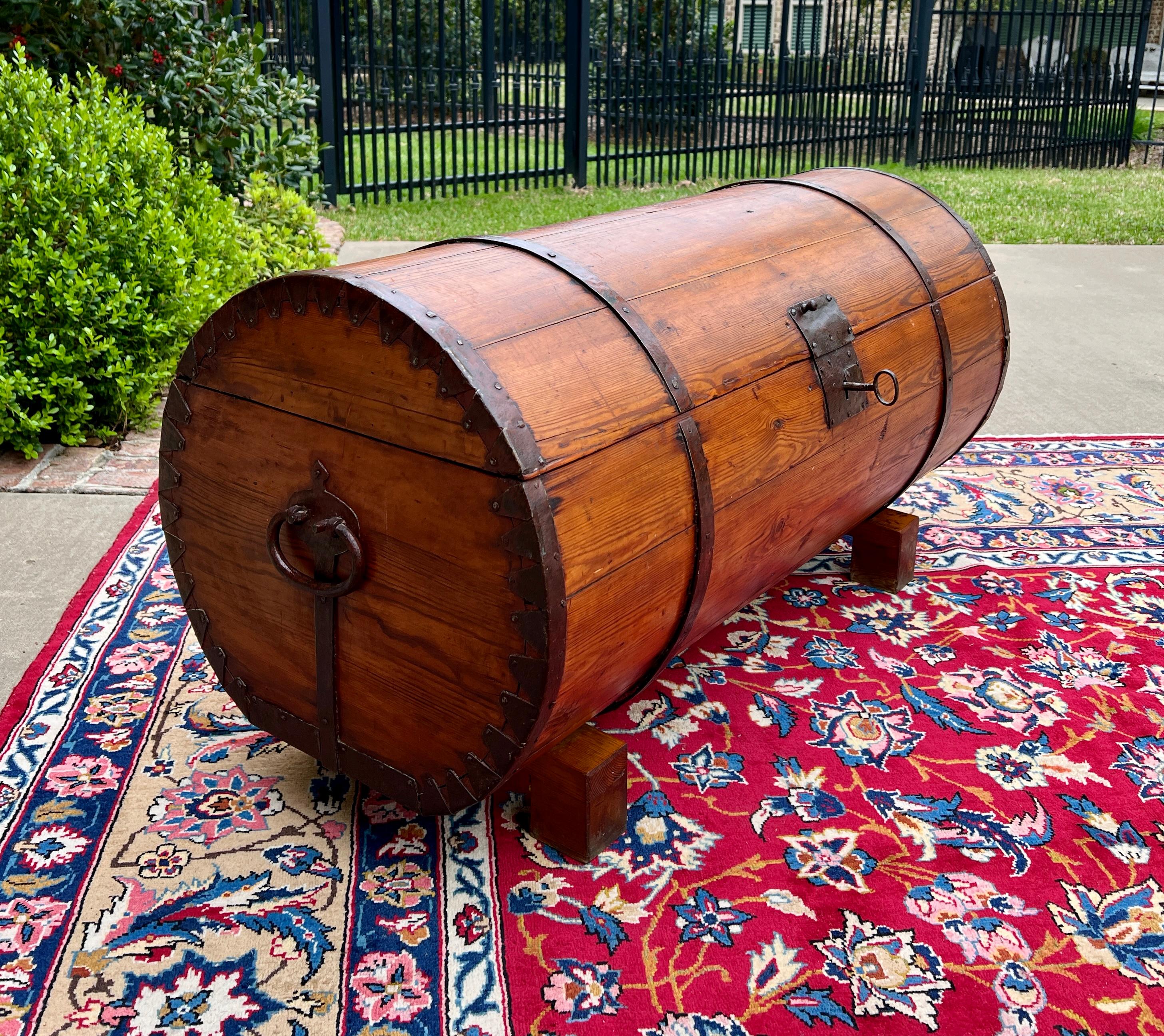 Antique French Round Barrel Trunk Storage Chest Blanket Box Pine Iron Strapping 6
