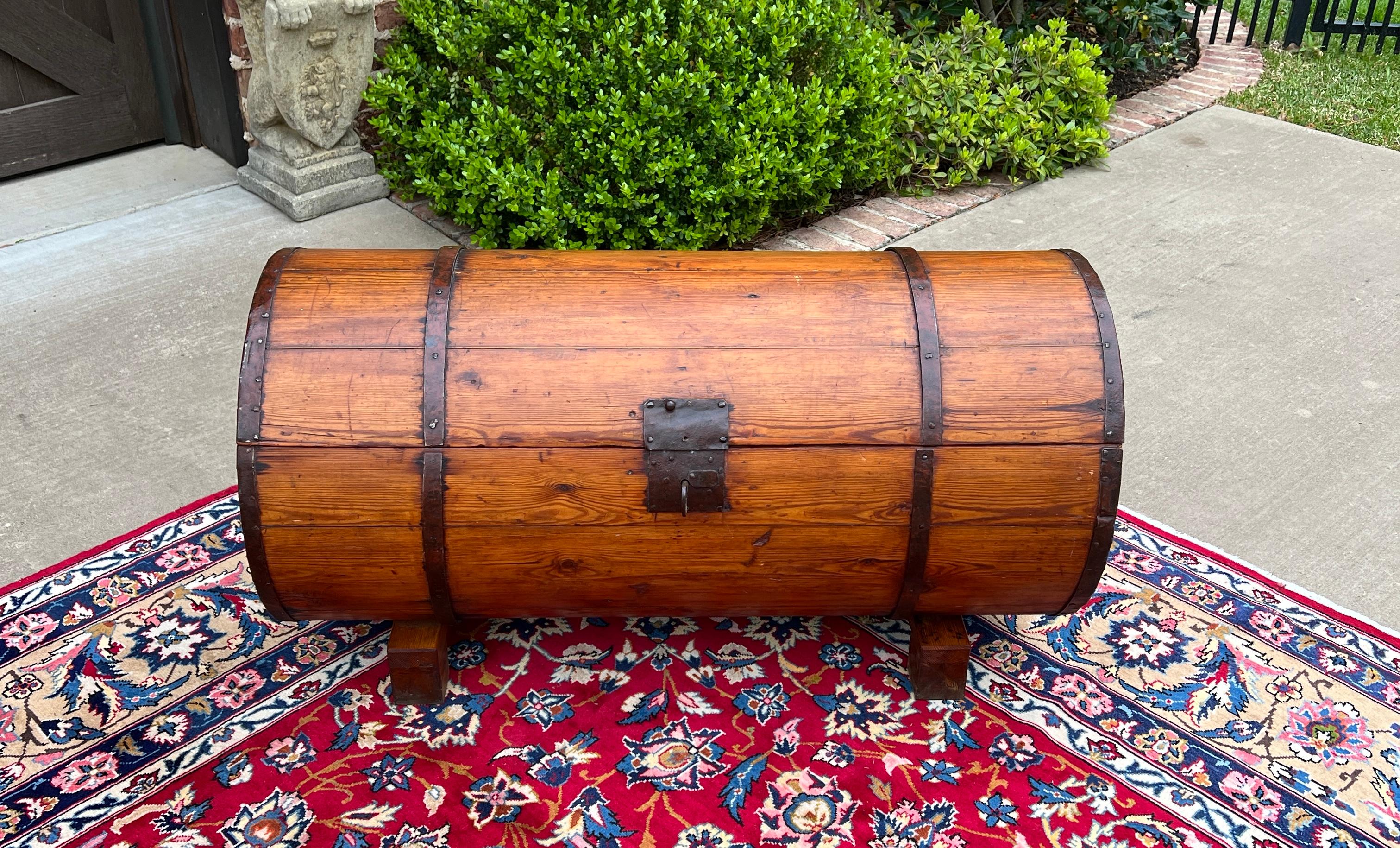 Antique French Round Barrel Trunk Storage Chest Blanket Box Pine Iron Strapping 7