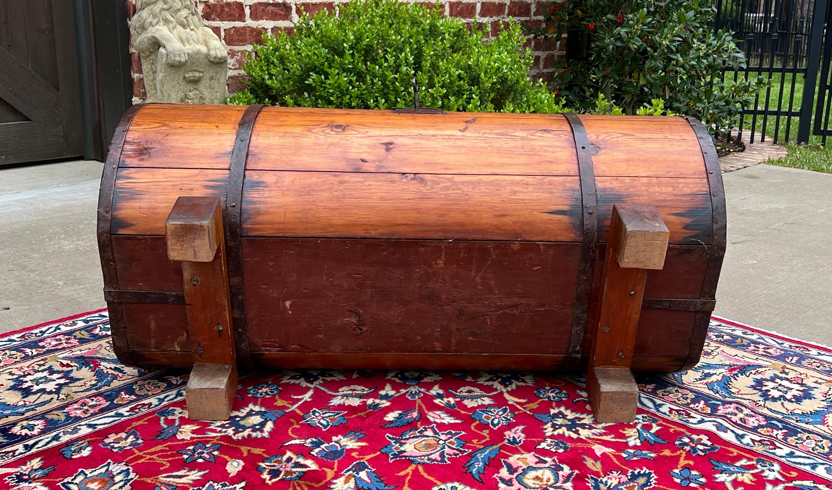 Antique French Round Barrel Trunk Storage Chest Blanket Box Pine Iron Strapping 8