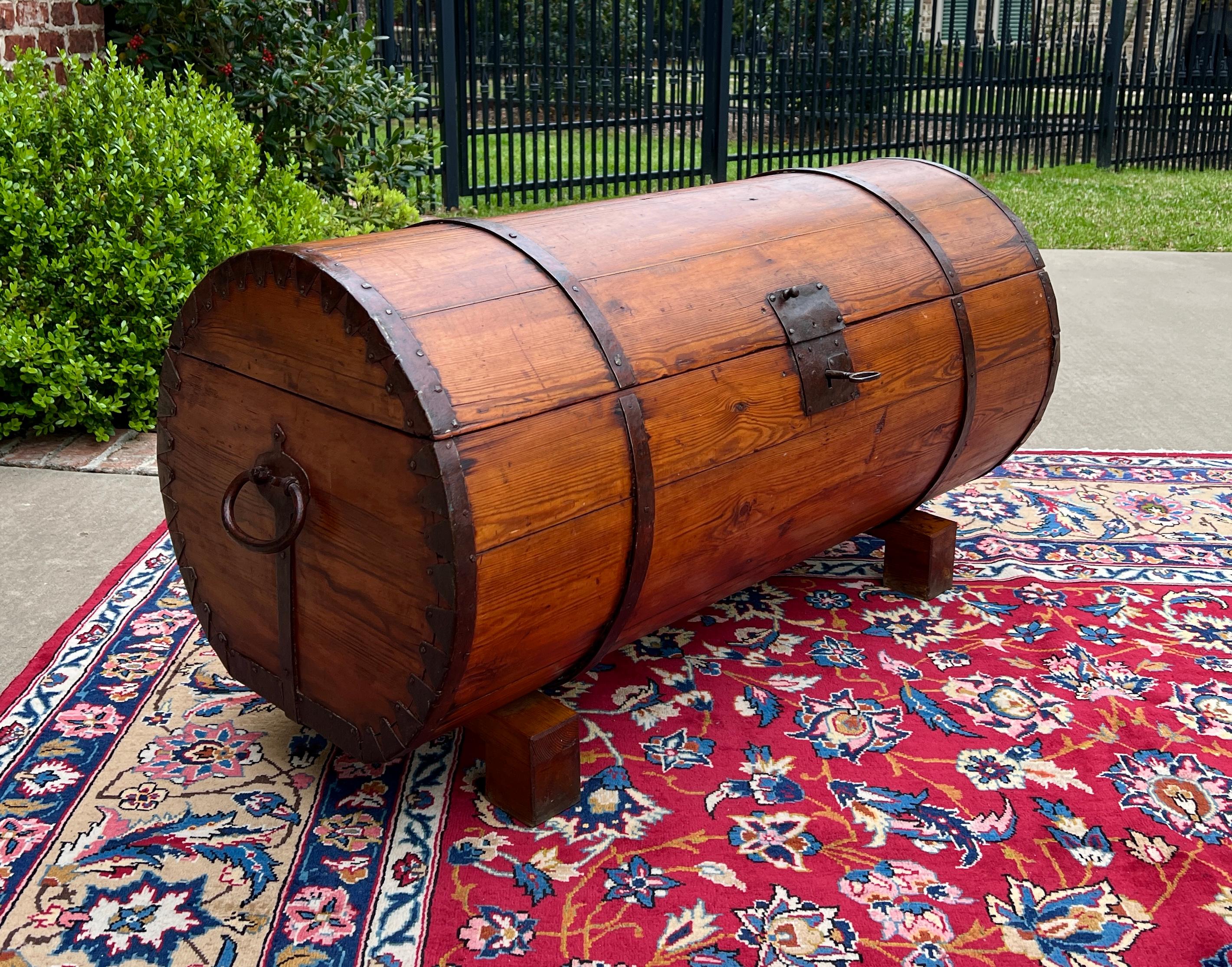 Victorian Antique French Round Barrel Trunk Storage Chest Blanket Box Pine Iron Strapping