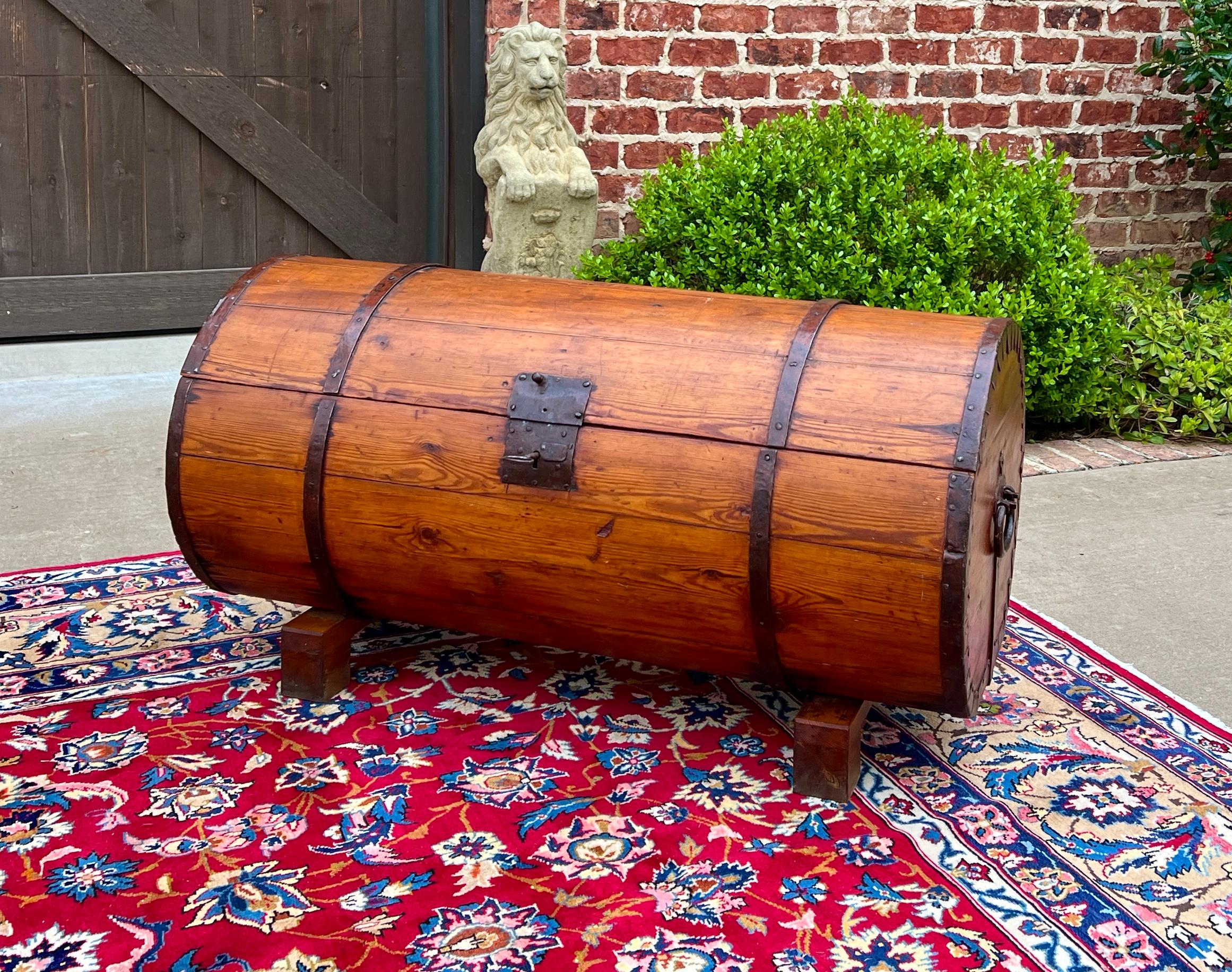 Carved Antique French Round Barrel Trunk Storage Chest Blanket Box Pine Iron Strapping