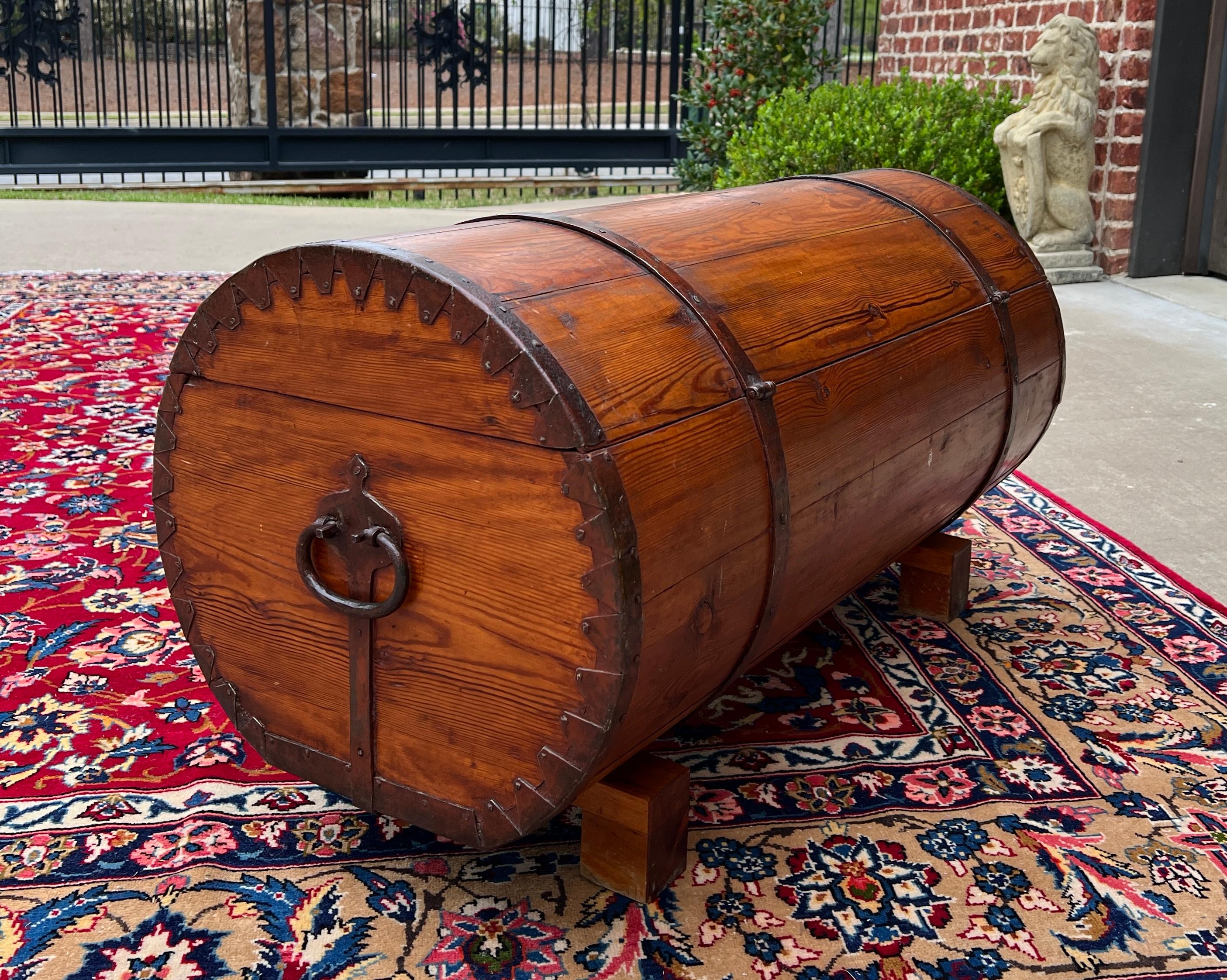 19th Century Antique French Round Barrel Trunk Storage Chest Blanket Box Pine Iron Strapping