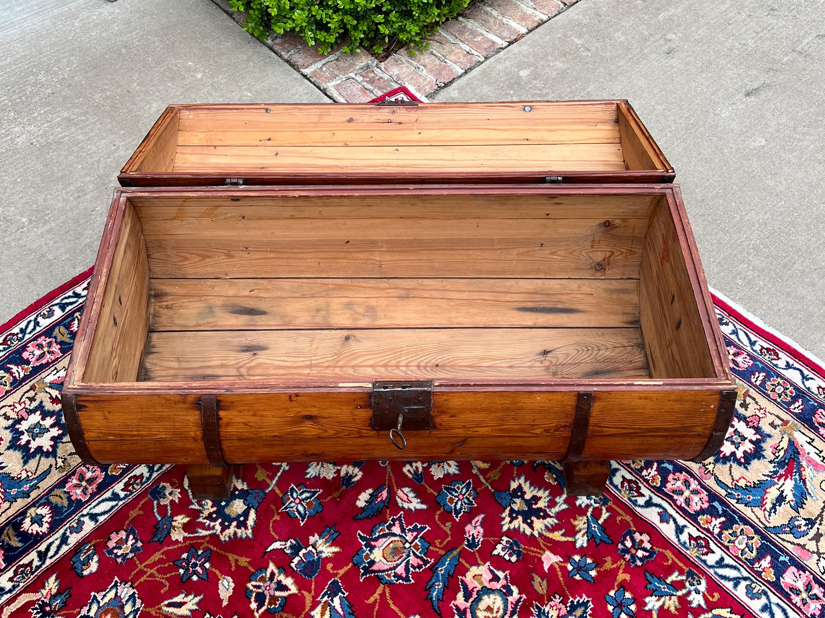 Antique French Round Barrel Trunk Storage Chest Blanket Box Pine Iron Strapping 2