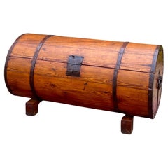 Antique French Round Barrel Trunk Storage Chest Blanket Box Pine Iron Strapping Antique French Round Barrel Trunk Storage Chest Blanket Box Pine Iron Strapping