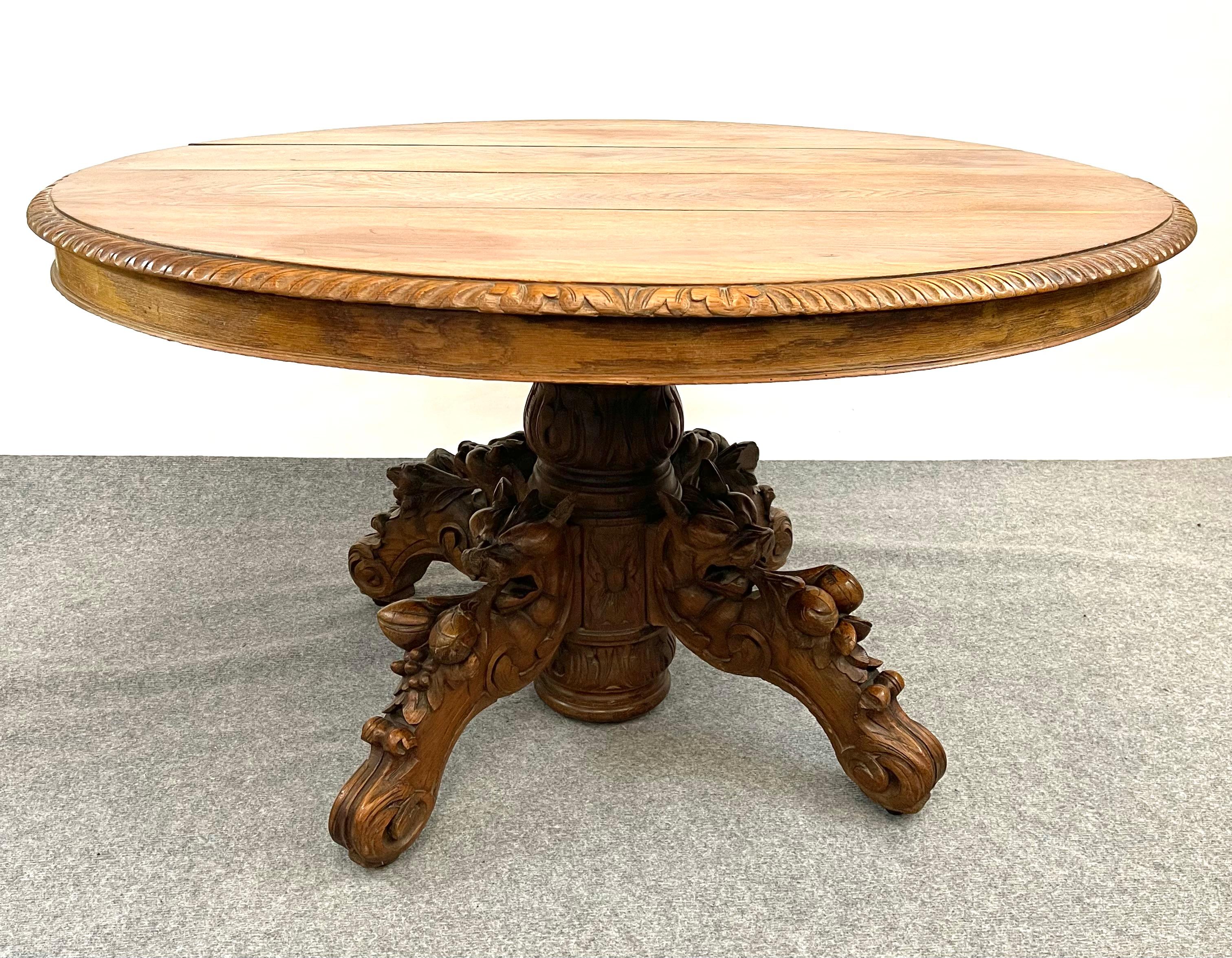 Antique French round coffee table pedestal Black Forest hunt table griffons 19th For Sale 2