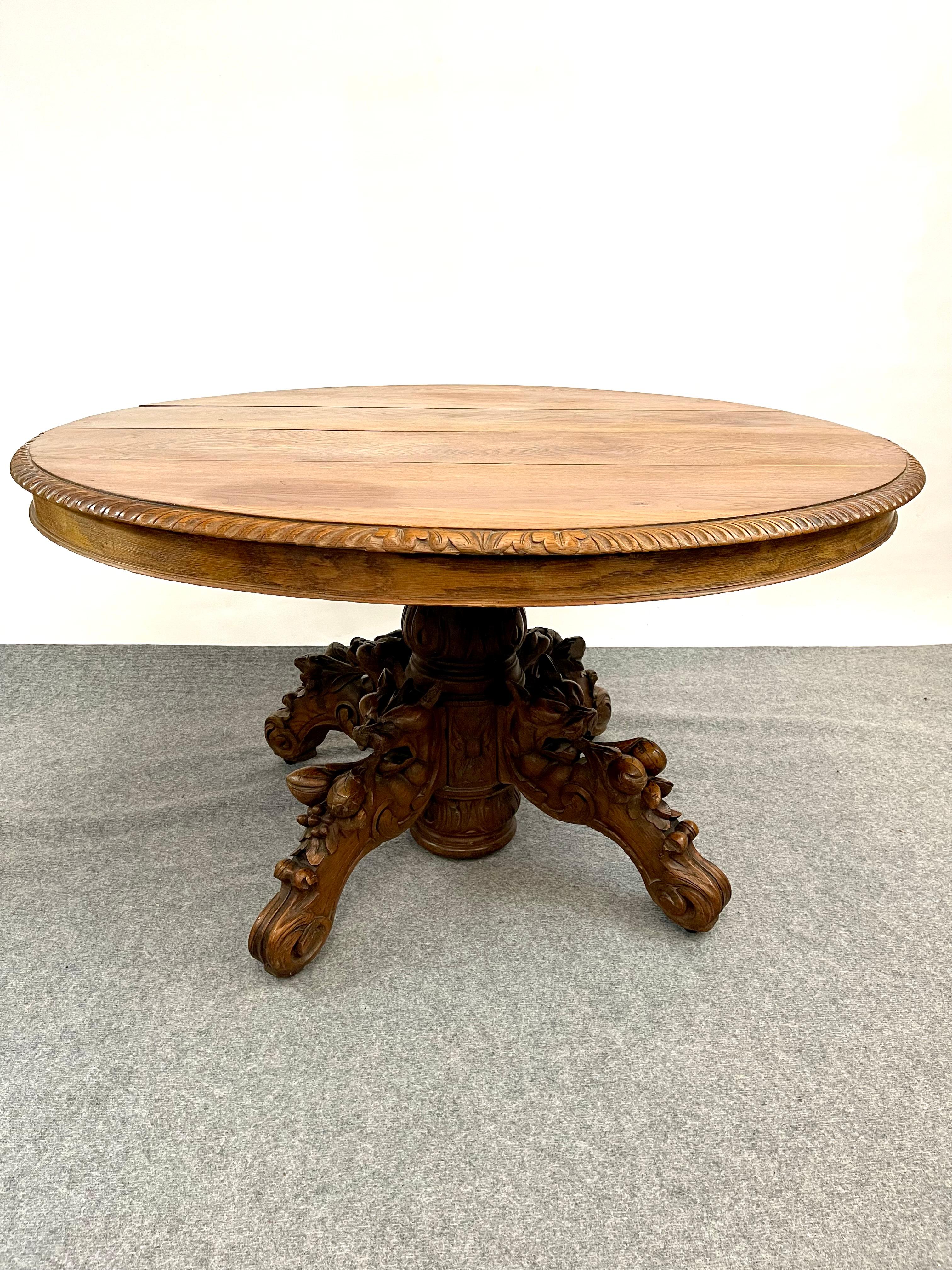 Antique French round coffee table pedestal Black Forest hunt table griffons 19th For Sale 1