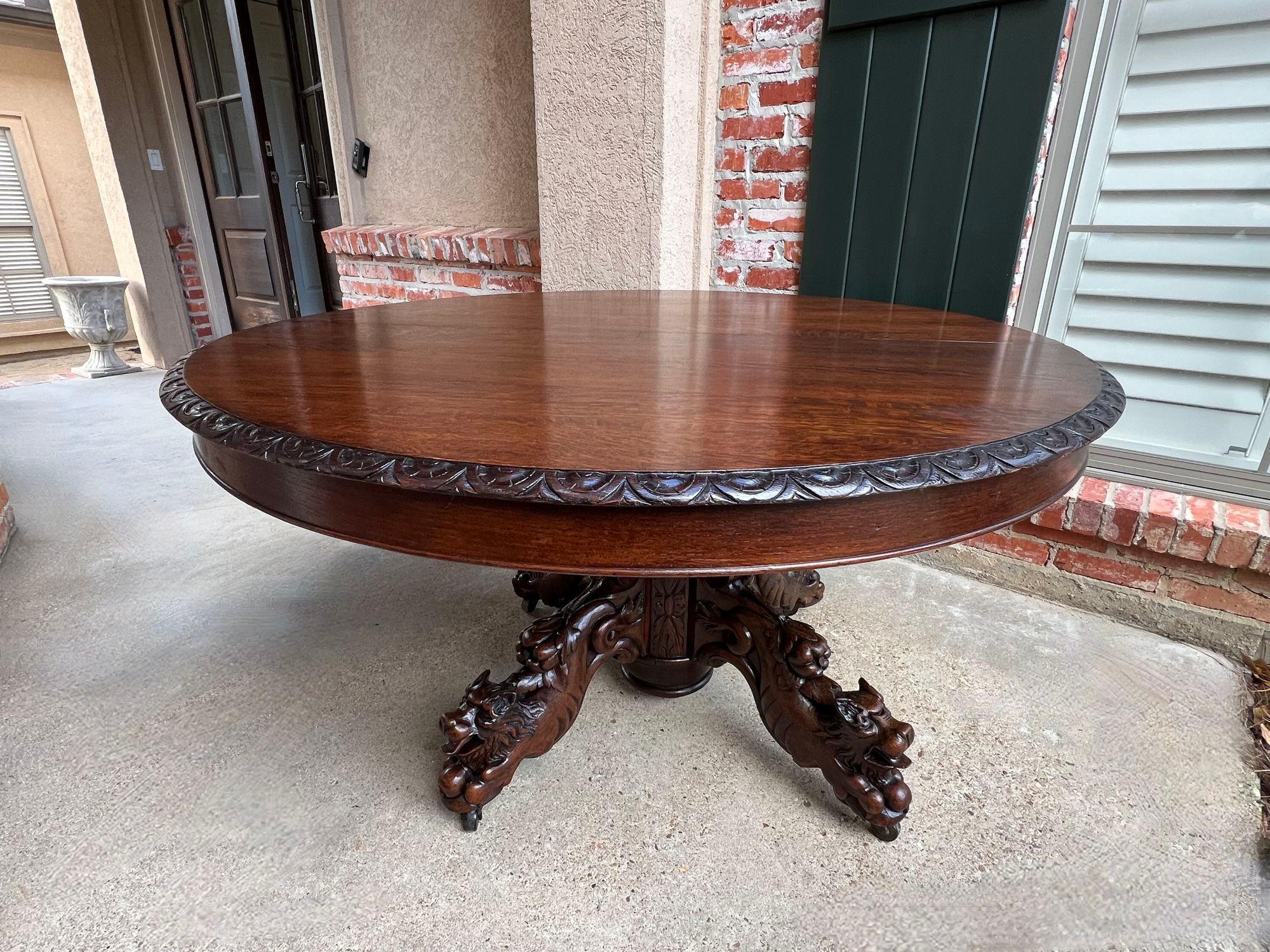 Antique French ROUND Dining Hunt Game Table Carved Oak Black Forest Pedestal For Sale 6