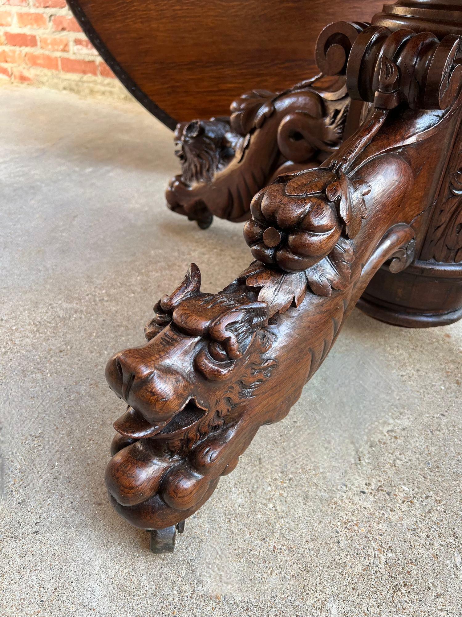 Antique French ROUND Dining Hunt Game Table Carved Oak Black Forest Pedestal For Sale 9