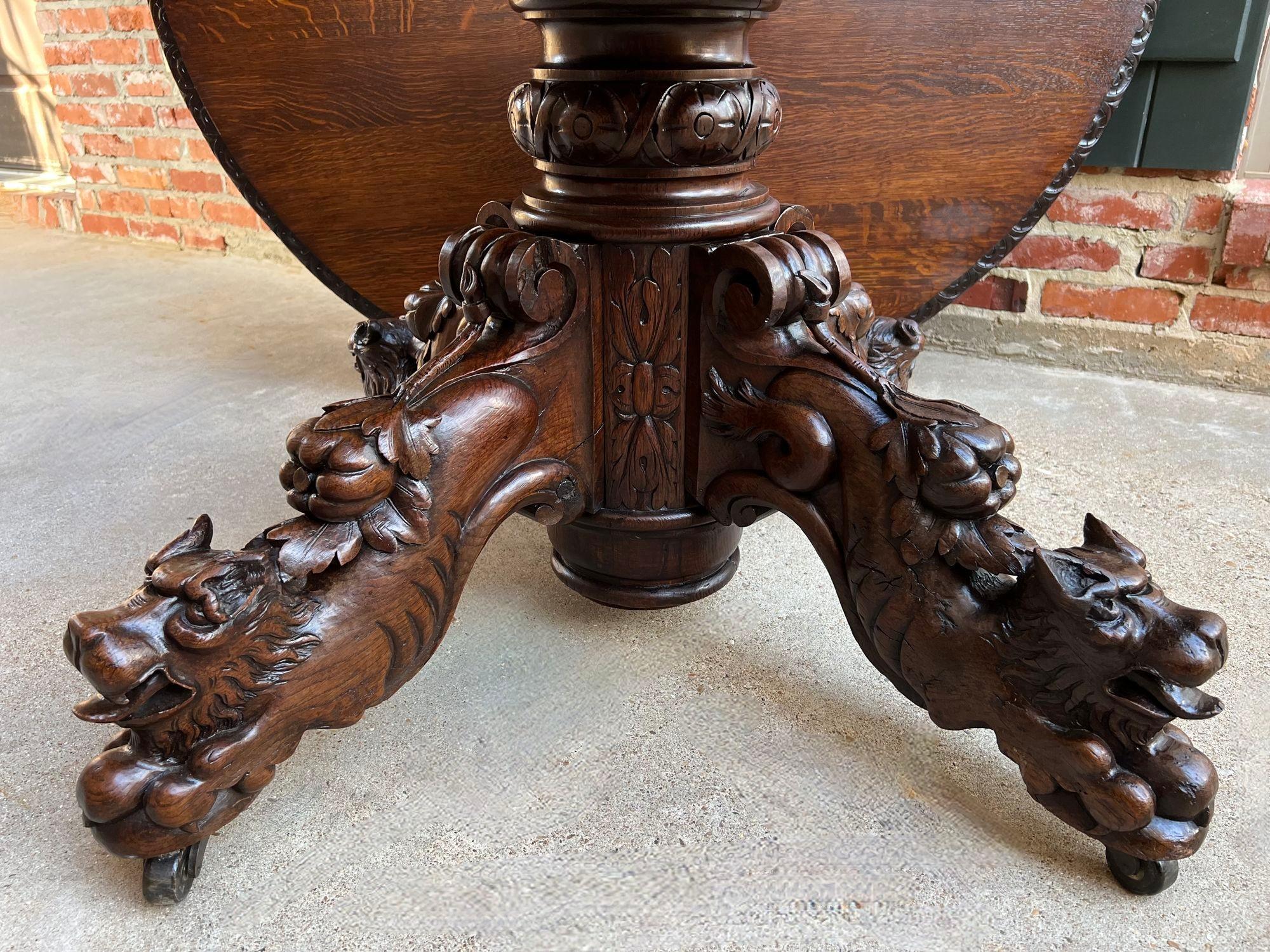 19th Century Antique French ROUND Dining Hunt Game Table Carved Oak Black Forest Pedestal For Sale