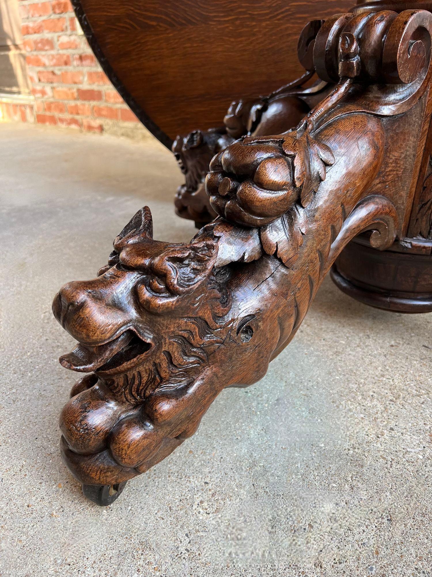 Antique French ROUND Dining Hunt Game Table Carved Oak Black Forest Pedestal For Sale 3