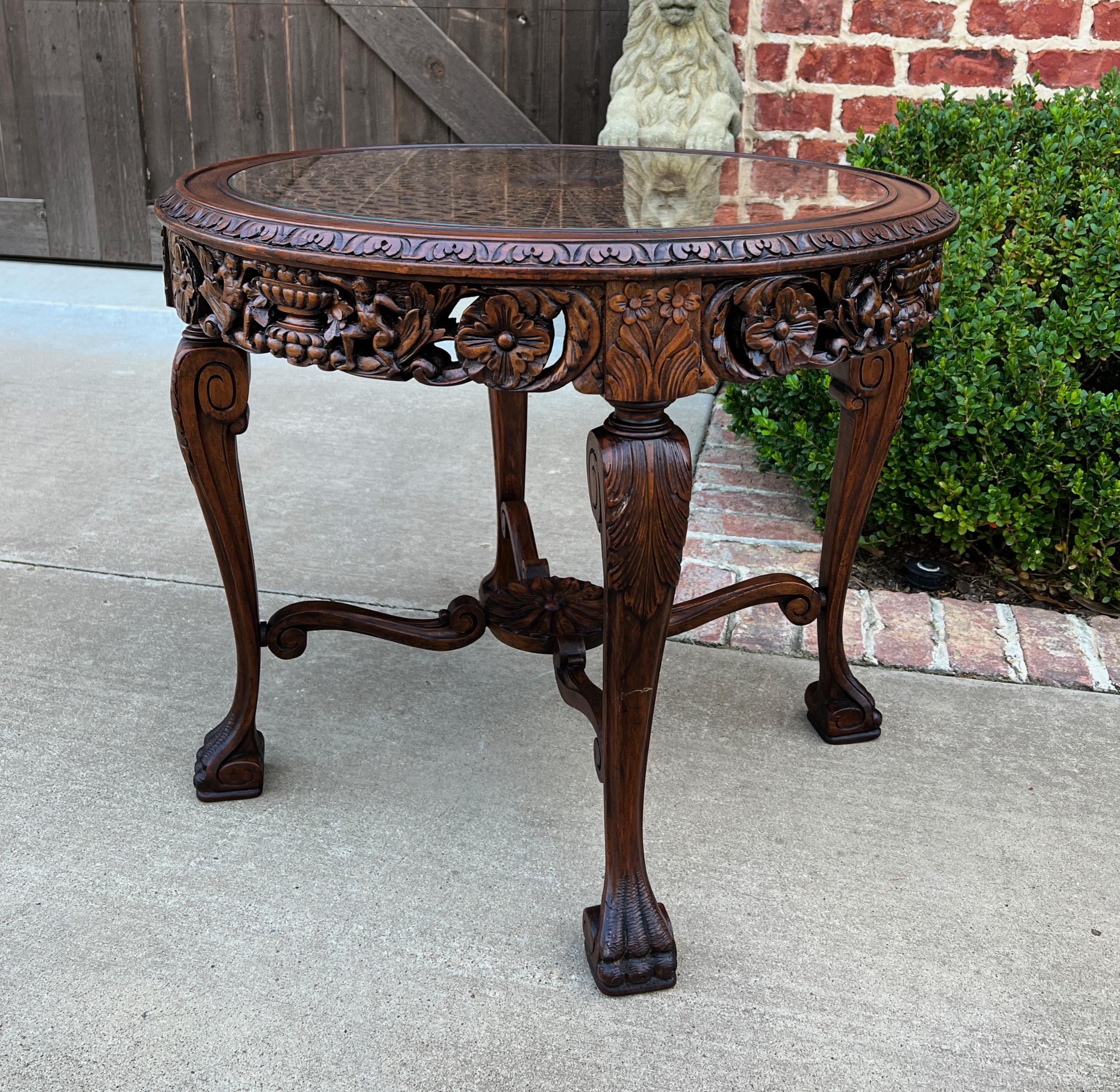 Renaissance Revival Antique French Round End Table Occasional Bed Table Caned Glass Top Walnut 19c
