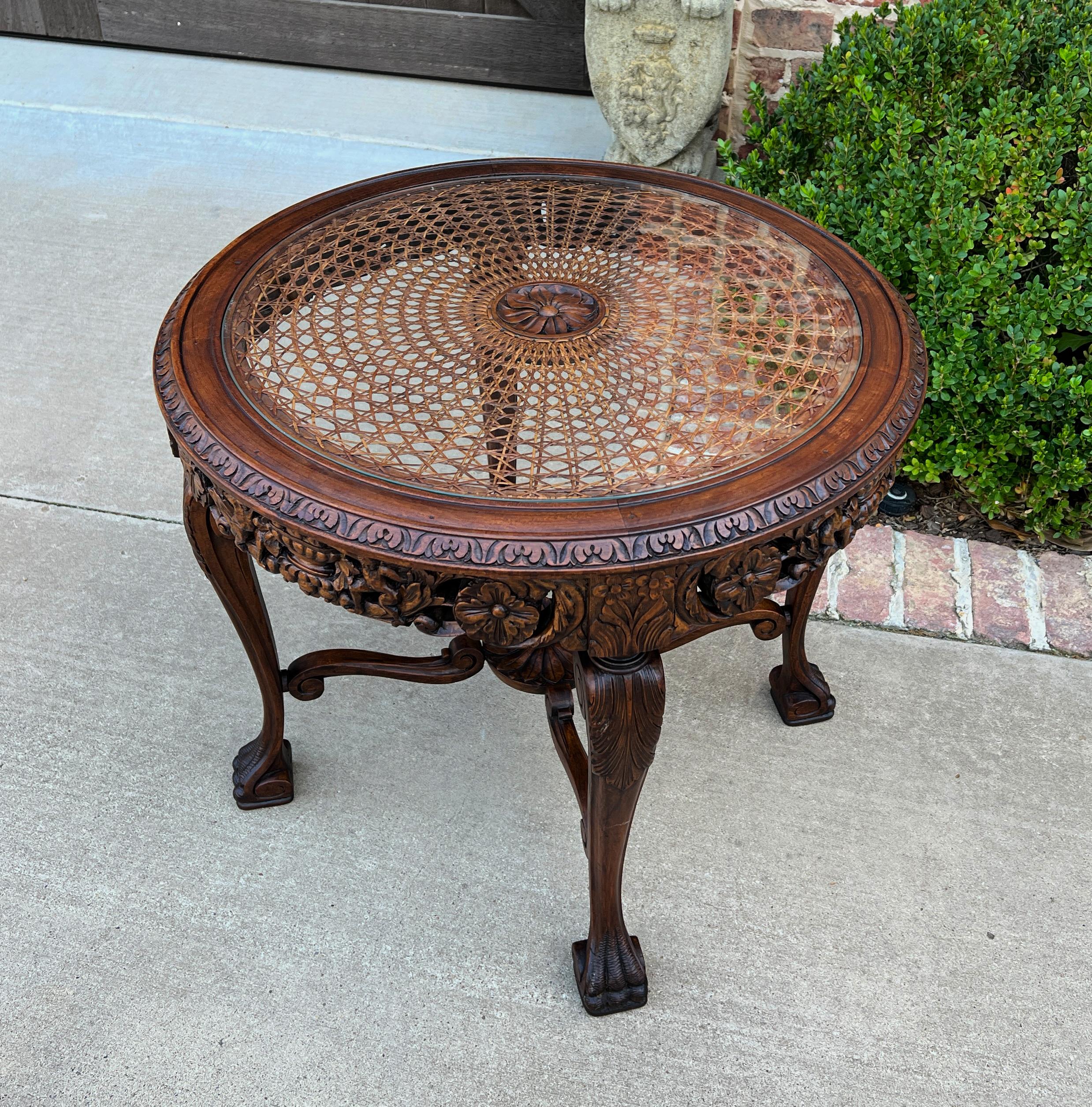 Carved Antique French Round End Table Occasional Bed Table Caned Glass Top Walnut 19c For Sale