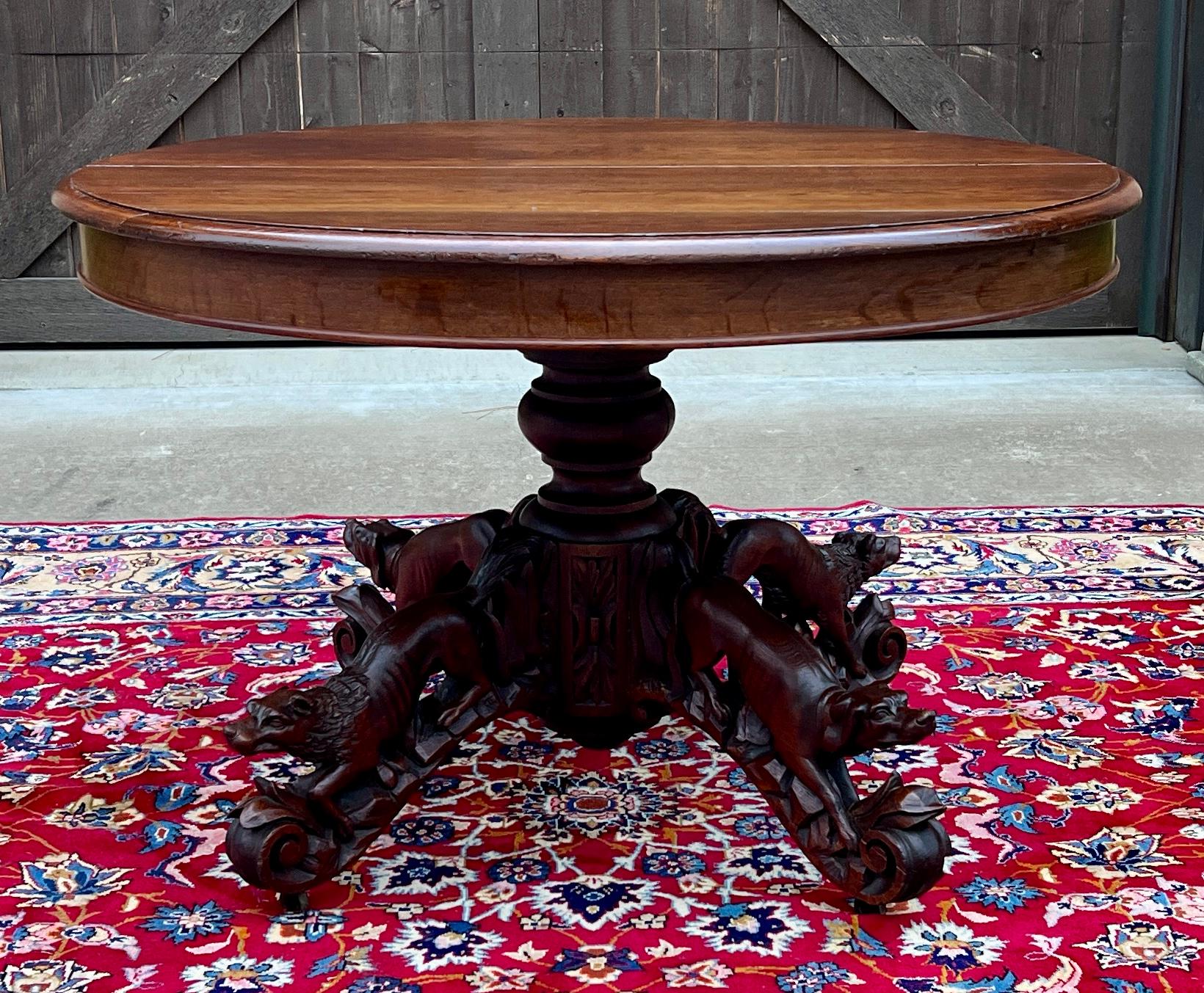 Antique French Round Game Card Dining Table Pedestal Oak HUNT Renaissance 19thC 8