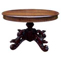 Antique French Round Game Card Dining Table Pedestal Oak HUNT Renaissance 19thC