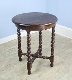 Antique French Round Oak Side Table with Bobbin Legs