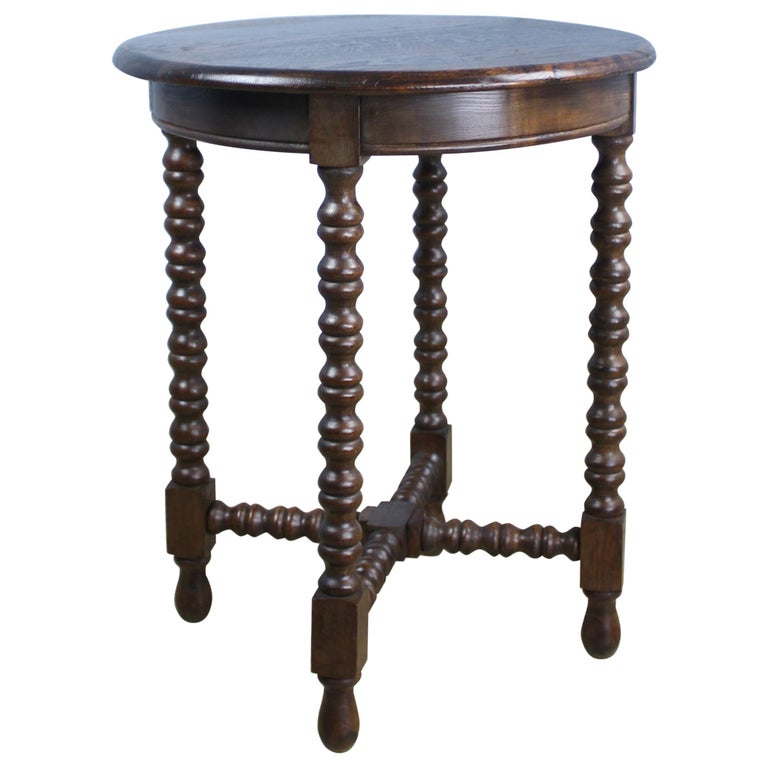 Antique French Round Oak Side Table With Bobbin Legs For Sale At
